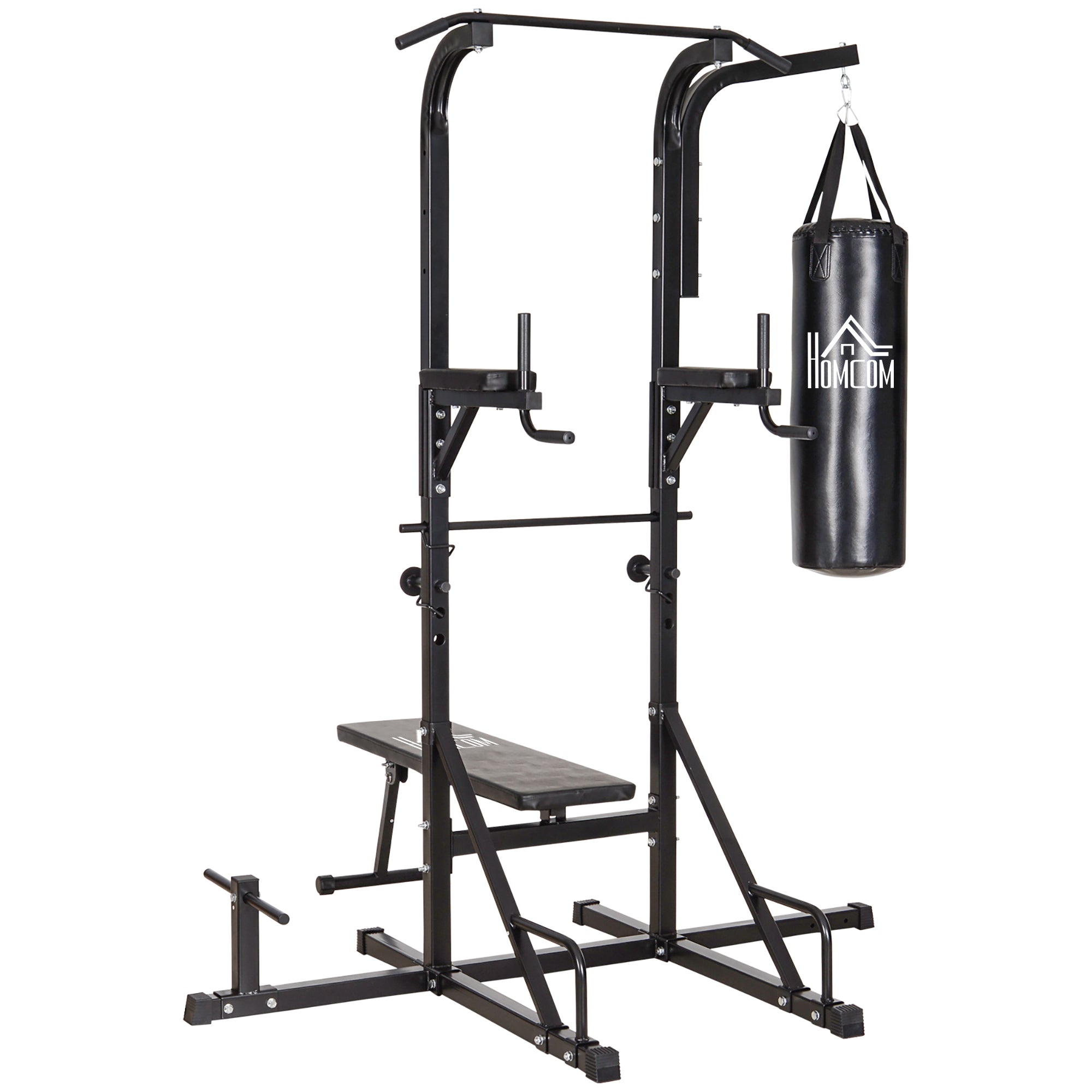 Power Station with Pull-Up Bar, Multifunctional Dip Station, Home Workout Equipment, with Punching Bag, Fitness, Steel, Black, 180 x 183 x 219 cm
