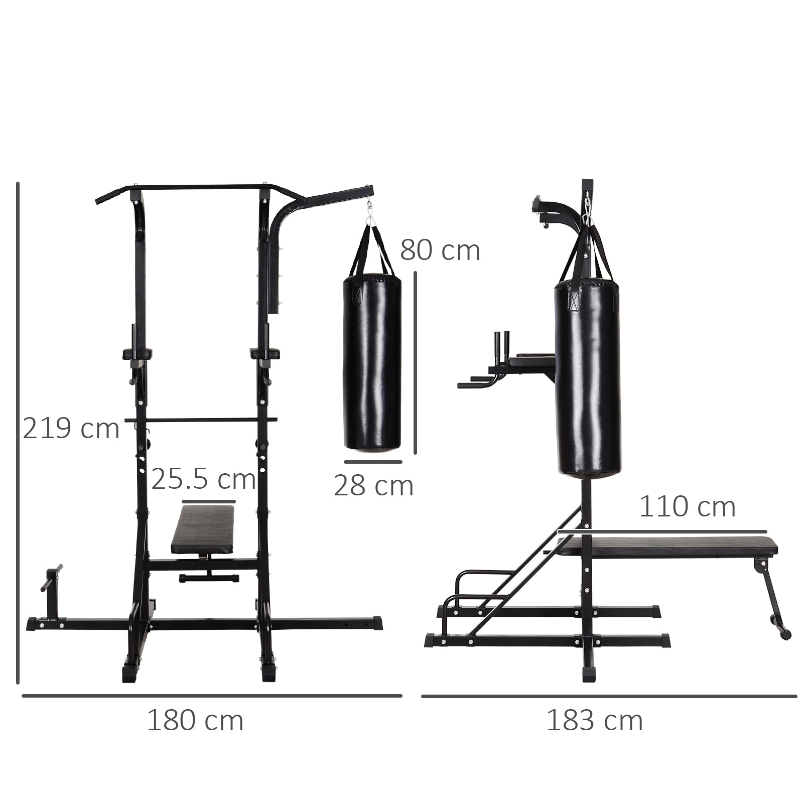 Power Station with Pull-Up Bar, Multifunctional Dip Station, Home Workout Equipment, with Punching Bag, Fitness, Steel, Black, 180 x 183 x 219 cm