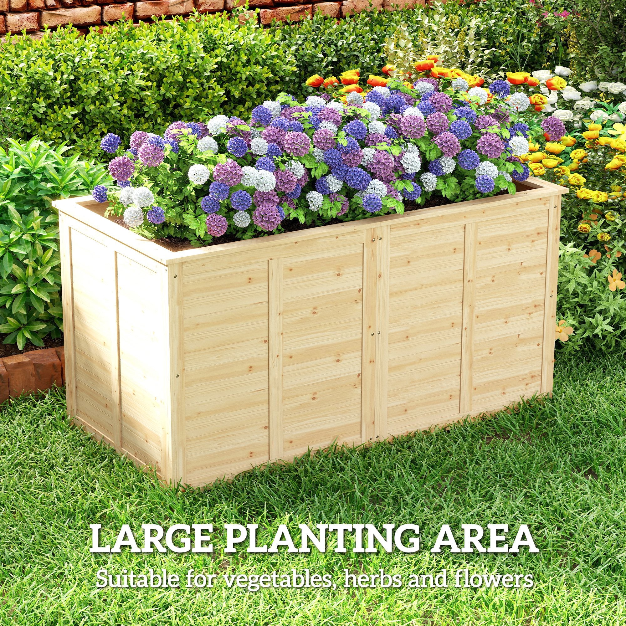 Wooden Raised Garden Bed, 152 x 77 x 77 cm, Elevated Deep Herb Planter with Open Bottom and Reinforcement Bars, Natural Finish