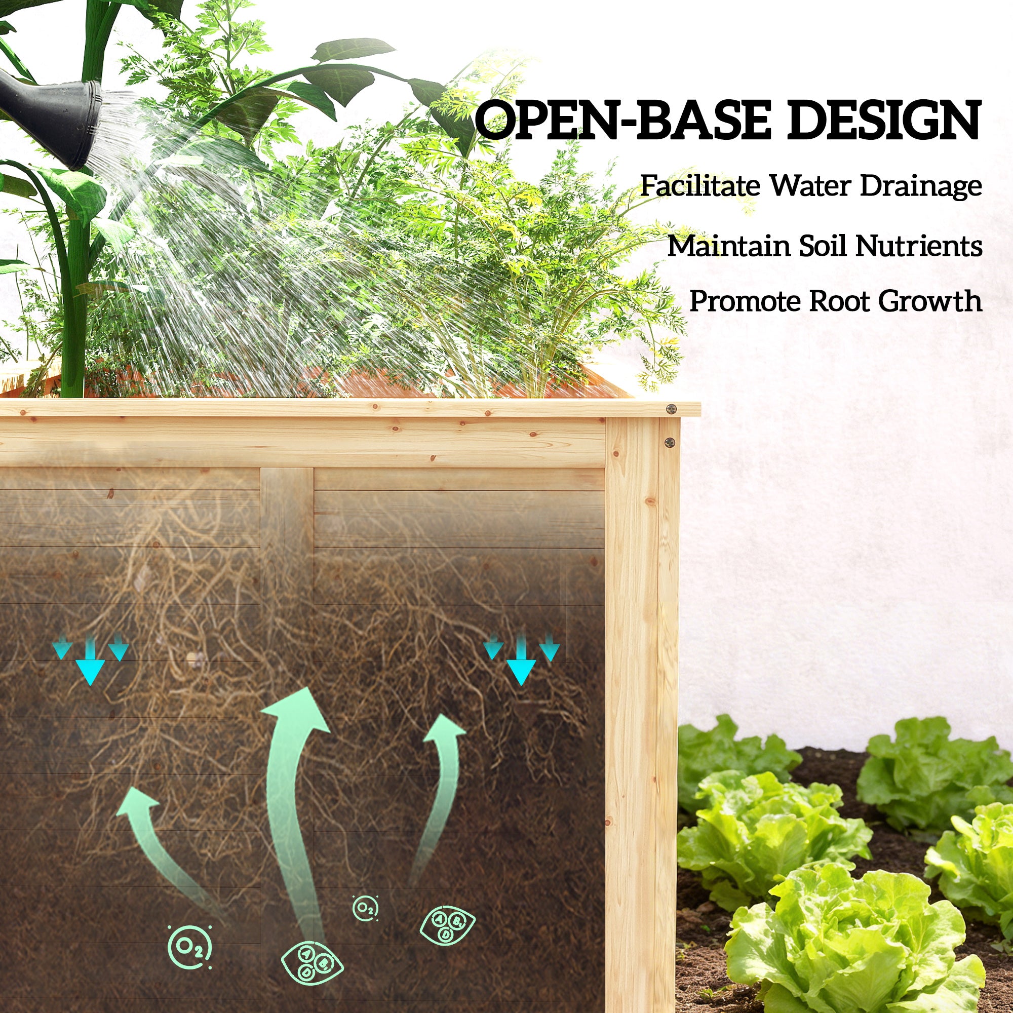 Wooden Raised Garden Bed, 152 x 77 x 77 cm, Elevated Deep Herb Planter with Open Bottom and Reinforcement Bars, Natural Finish