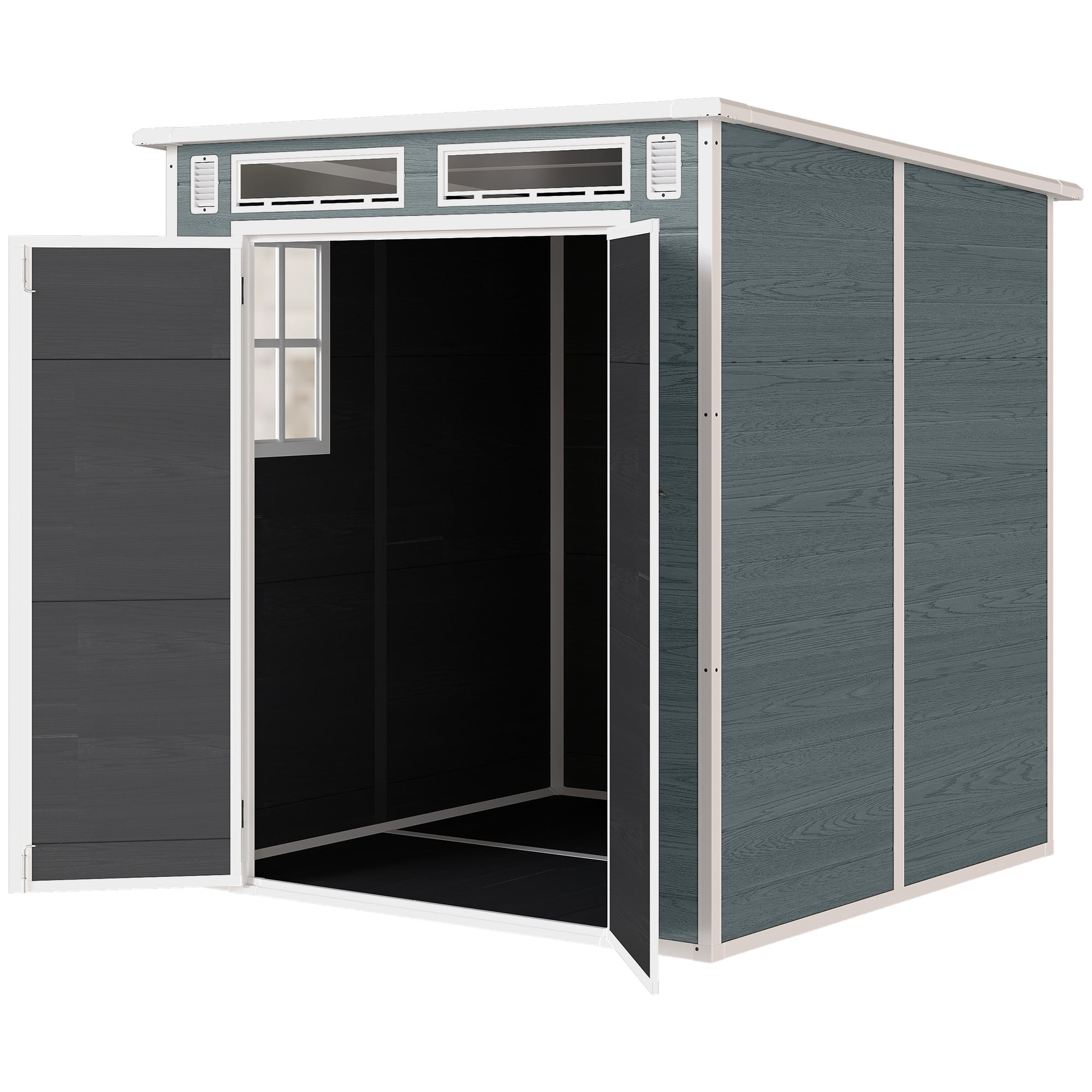 6 x 6 ft Wood-Effect Plastic Garden Shed with Floor, Three Windows, Lockable Doors & Vents, Gray