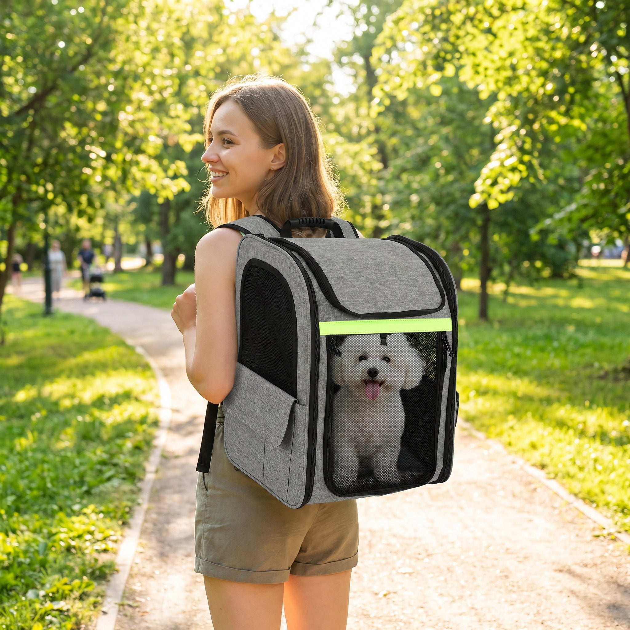 Expandable Dog Carrier with Door, 33.5 x 28 x 42 cm (13.2 x 11.0 x 16.5 in) – 5 Pockets, Reflective Stripe, Carrier for Cats & Dogs up to 10 kg (22 lb) – Light Gray
