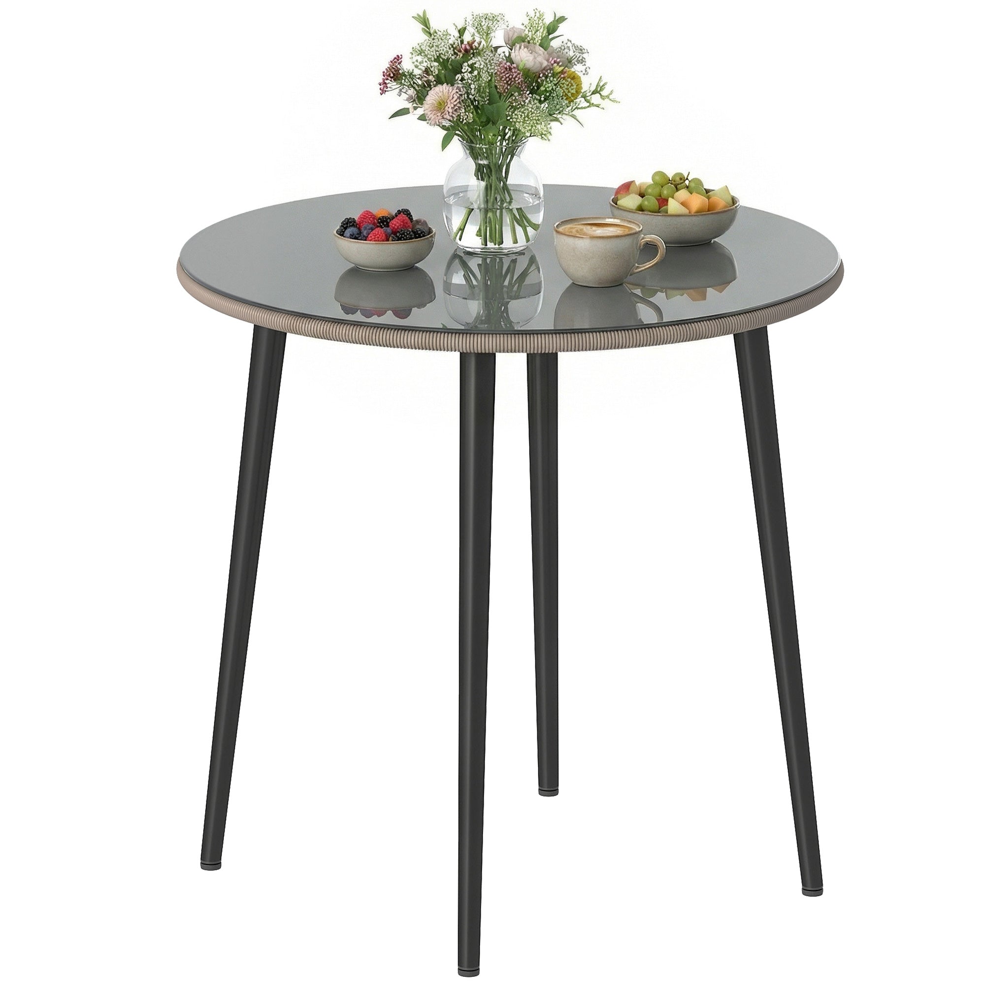 Round Garden Dining Table, Outdoor Patio Table 31.5 x 31.5 x 29.1 in, Tempered Glass Top with Rattan Edge, Steel Frame, 110 lb Capacity, for Patio & Balcony, Gray