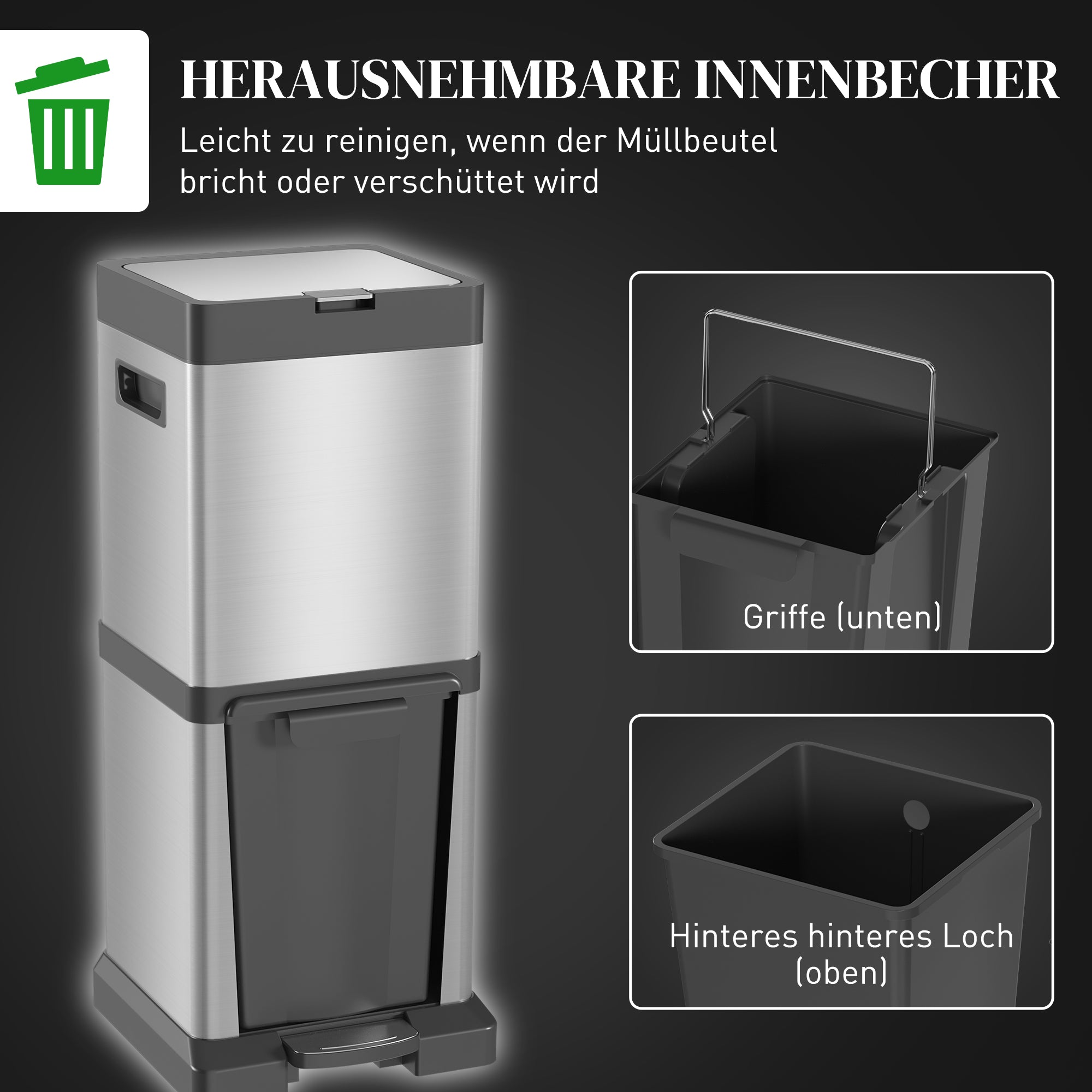 Dual-Compartment Trash Can 20L+14L — Stainless Steel Pedal Bin with Soft-Close Lid & Removable Inner Buckets, Silver (12.8 x 12.4 x 30.7 in)