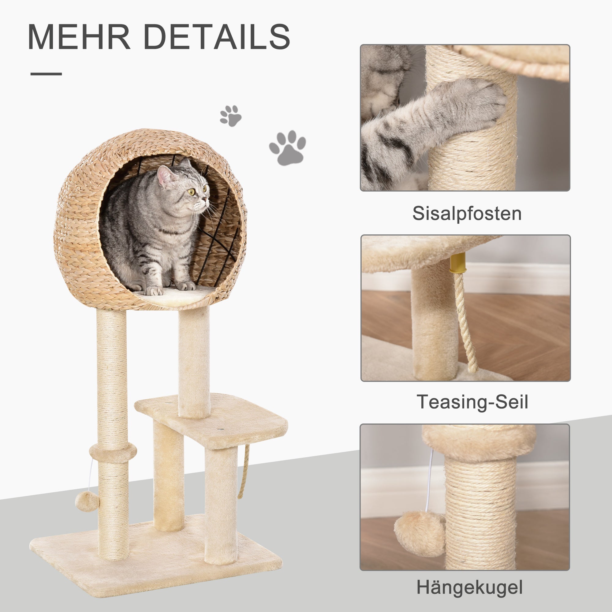 100 cm Cat Tree with Cave, Play Ball, Sisal Posts, Platform, Multi-Level Cat Scratching Tree, Climbing Tree, for Medium-Sized Cats, Beige