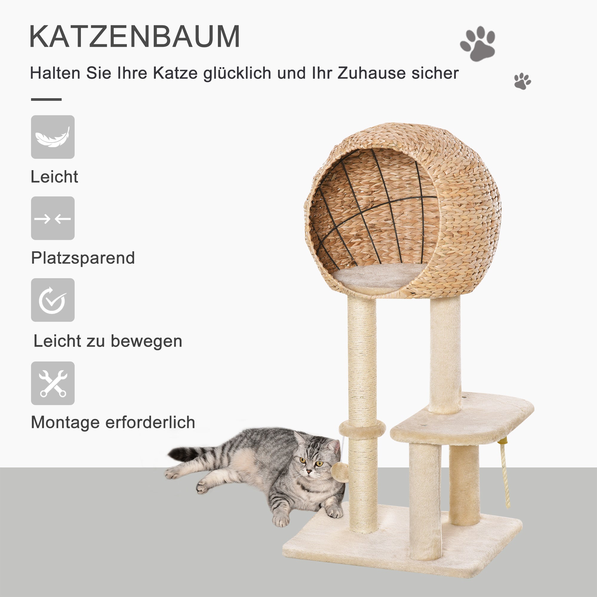 100 cm Cat Tree with Cave, Play Ball, Sisal Posts, Platform, Multi-Level Cat Scratching Tree, Climbing Tree, for Medium-Sized Cats, Beige