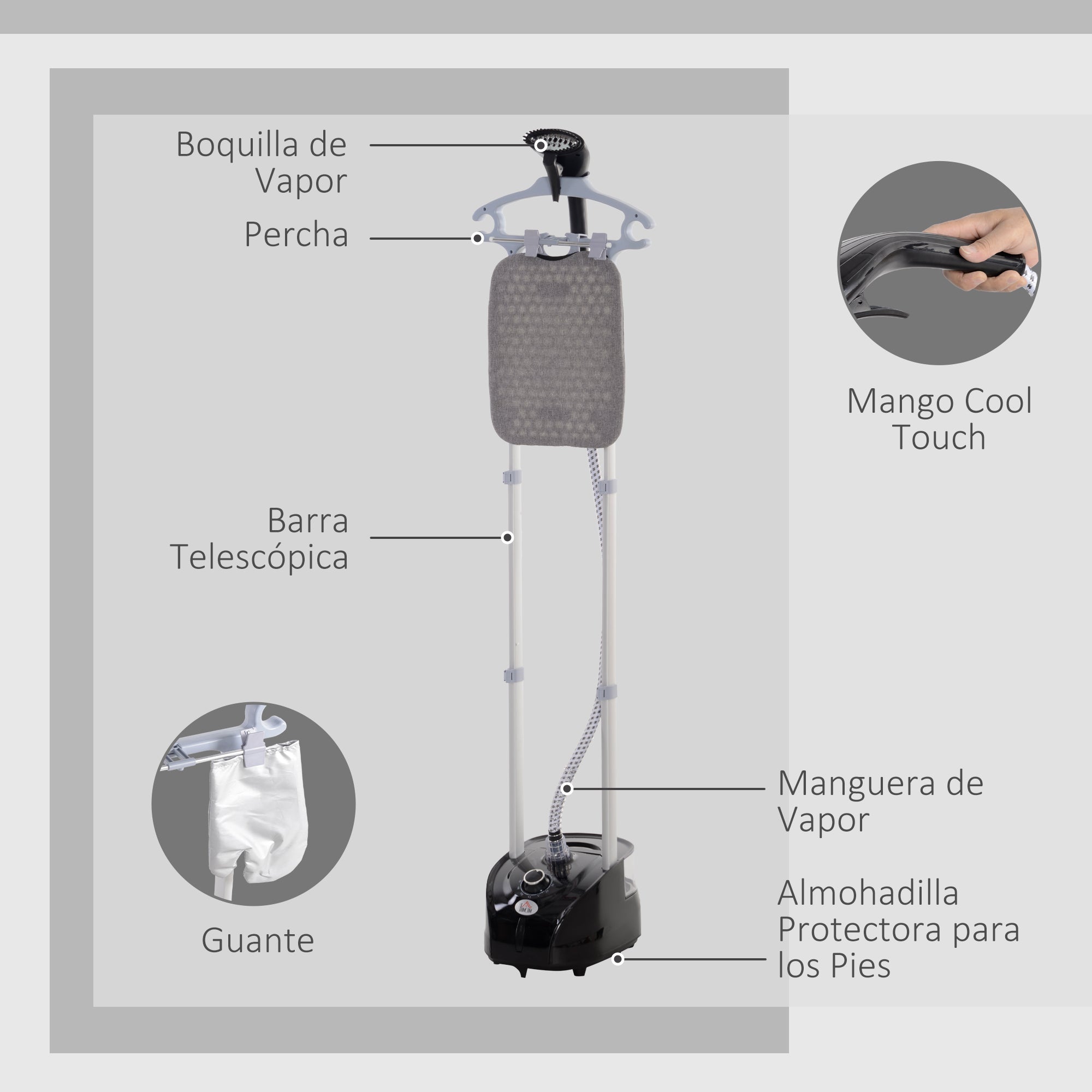 1950W 2L Vertical Steam Iron with 11 Adjustable Temperature Levels and Telescopic Rod Vertical Ironing Center for Home Office Black