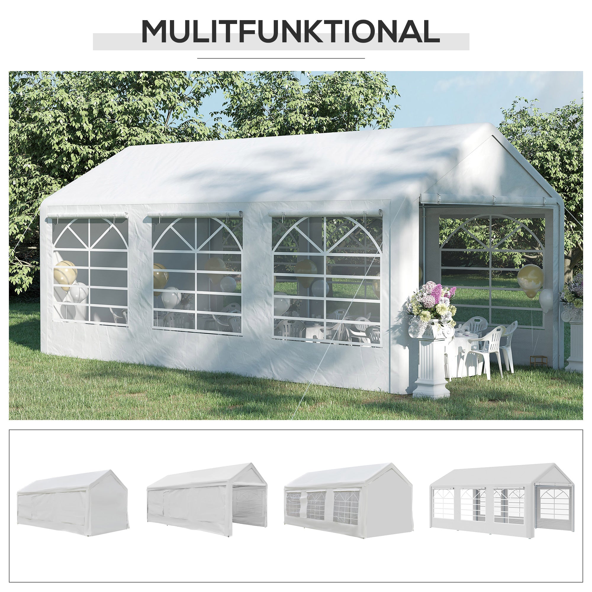 Pavilion Party Tent 3x6m Garden Marquee Gazebo with 4 Side Walls Windows Polyester+Metal White