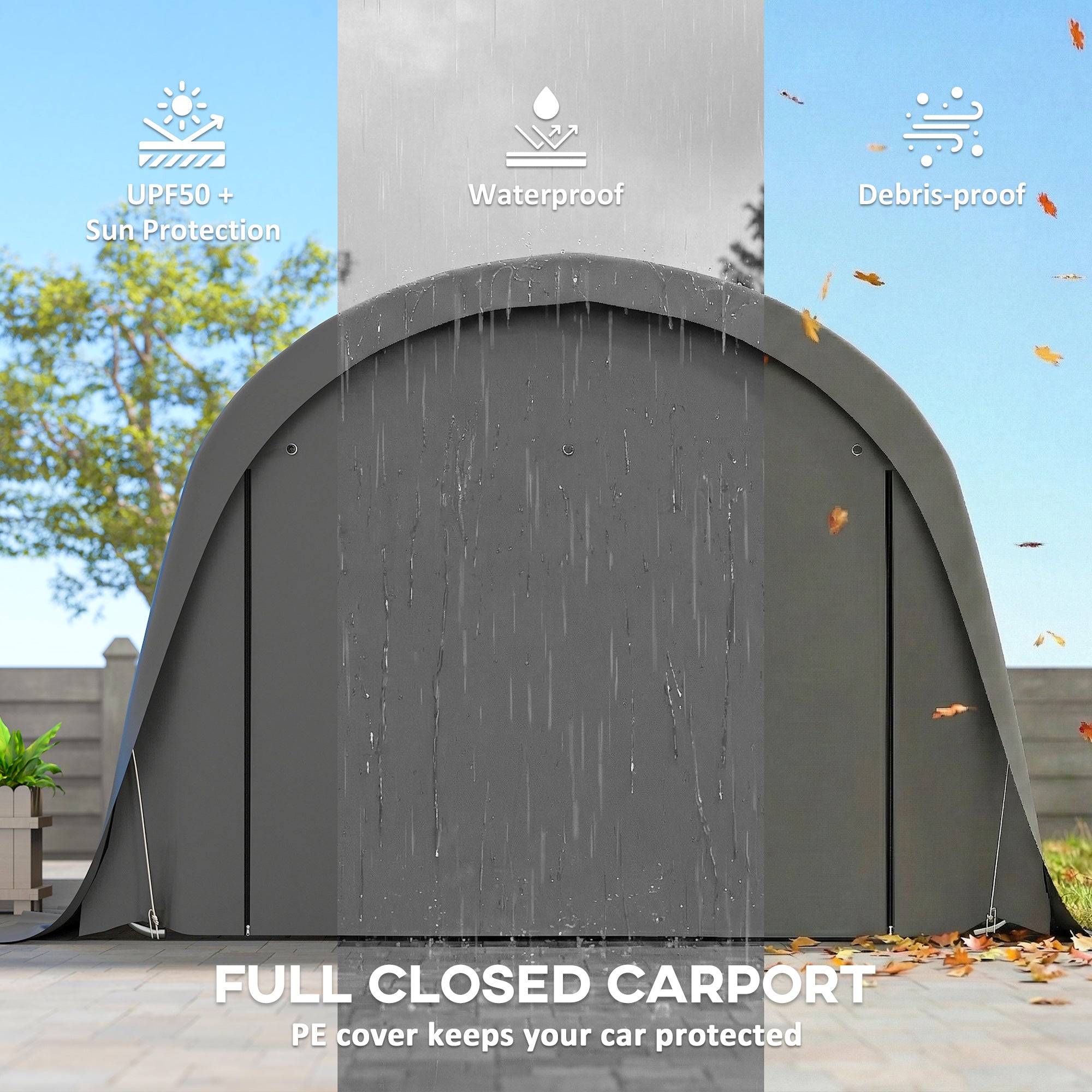 3 x 6 m Carport Garage Tent – Waterproof Storage Shelter with Removable Sidewalls, Large Roll-Up Zipper Door, Curved Roof, UPF50+, Winterproof, UV-Resistant — Dark Gray