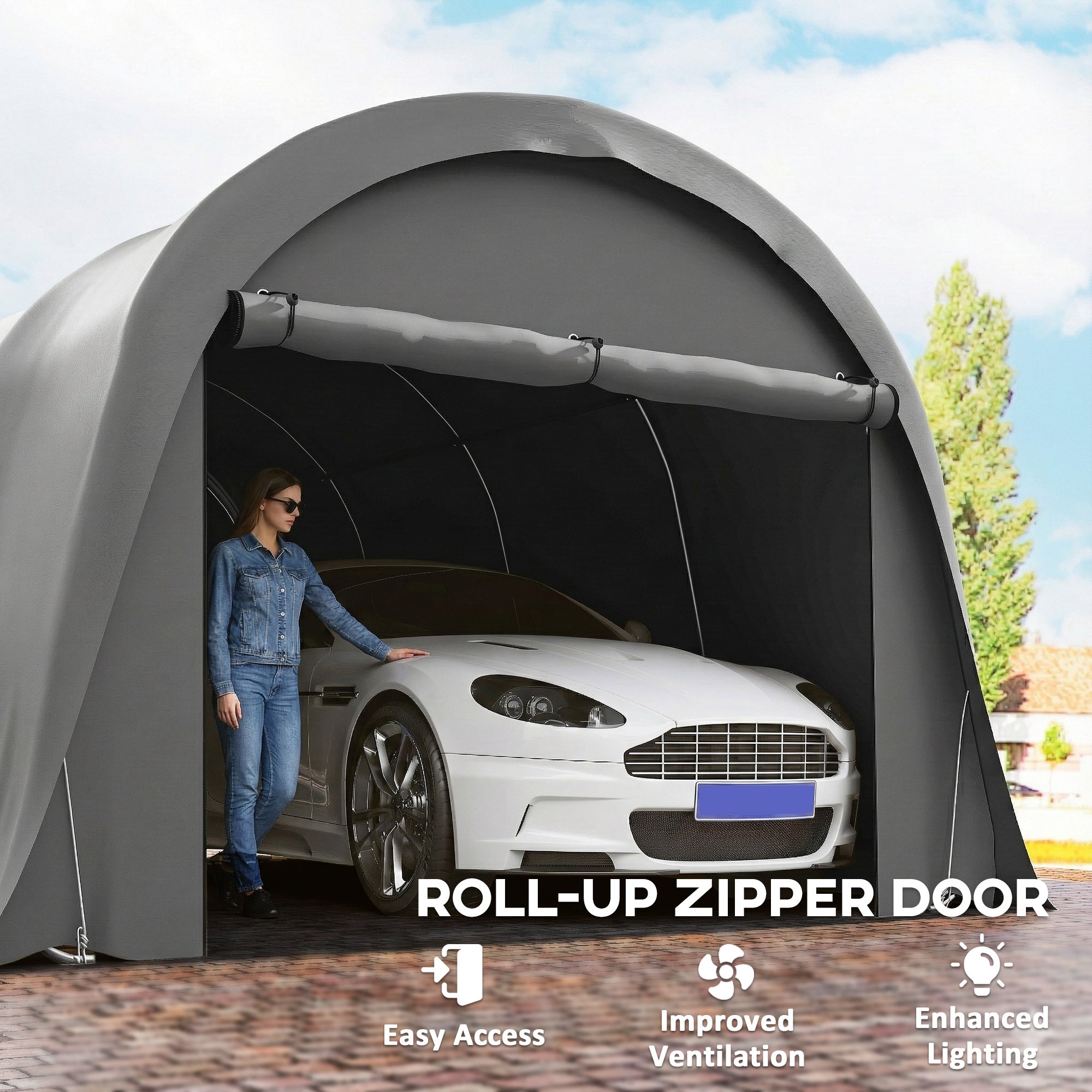3 x 6 m Carport Garage Tent – Waterproof Storage Shelter with Removable Sidewalls, Large Roll-Up Zipper Door, Curved Roof, UPF50+, Winterproof, UV-Resistant — Dark Gray