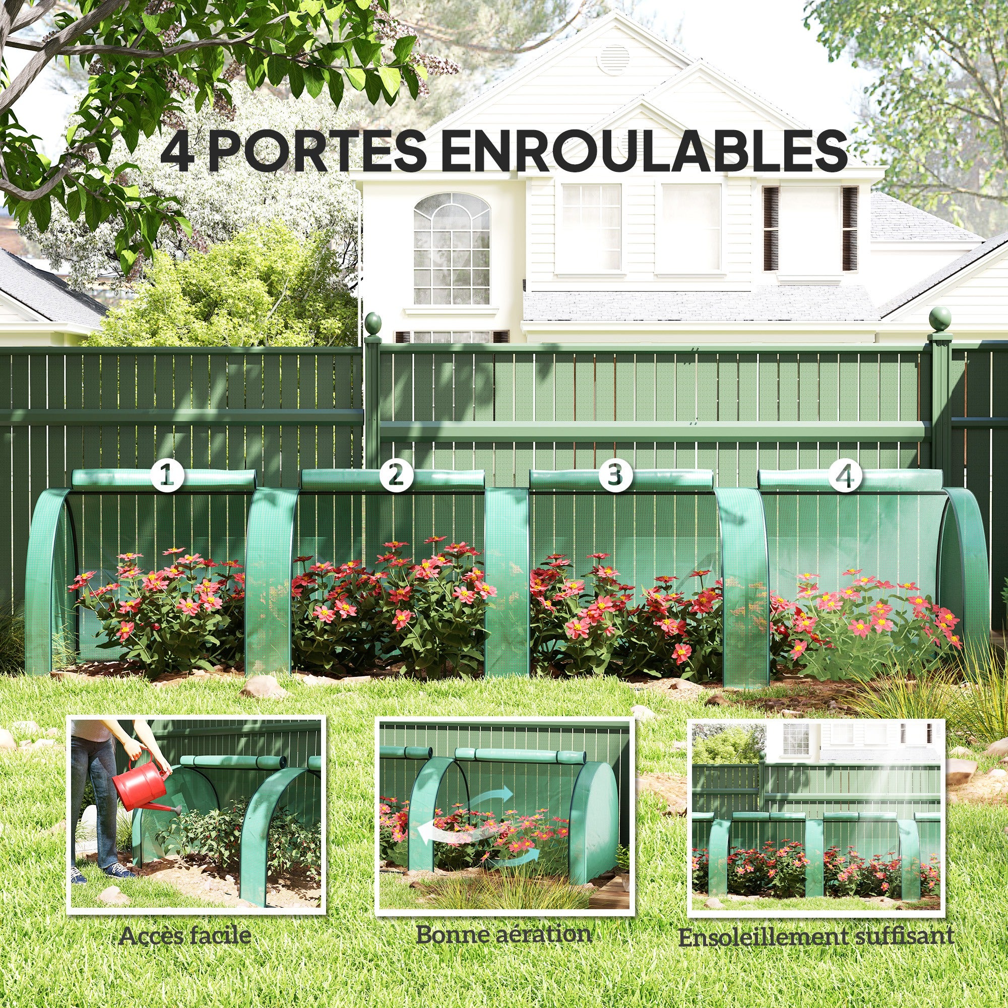 Mini Garden Greenhouse mini tunnel greenhouse tomato greenhouse 4 x 1 x 0.8 m Steel High-density PE 140 g/m² Anti-UV 4 doors with Roll-up Zip Green