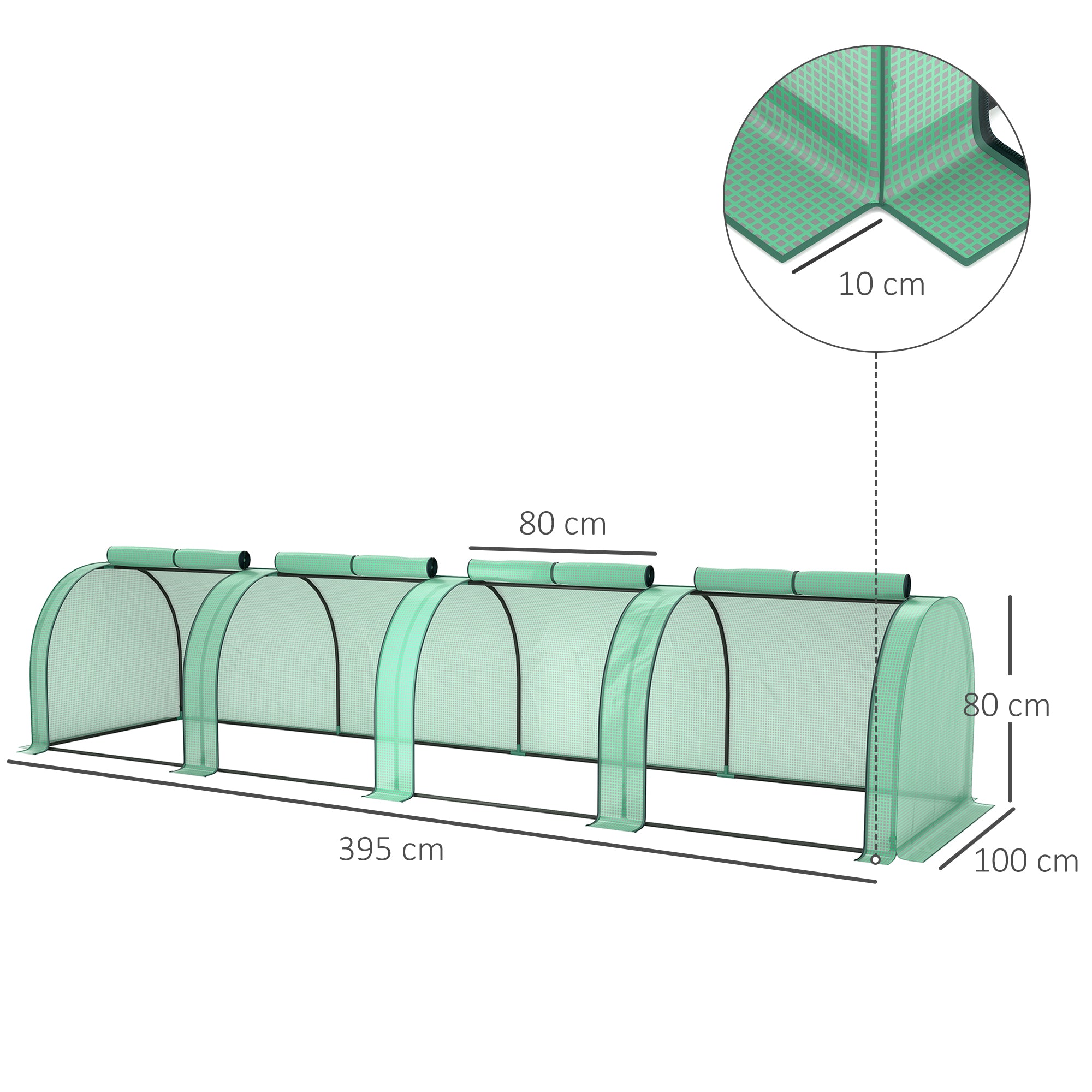 Mini Garden Greenhouse mini tunnel greenhouse tomato greenhouse 4 x 1 x 0.8 m Steel High-density PE 140 g/m² Anti-UV 4 doors with Roll-up Zip Green