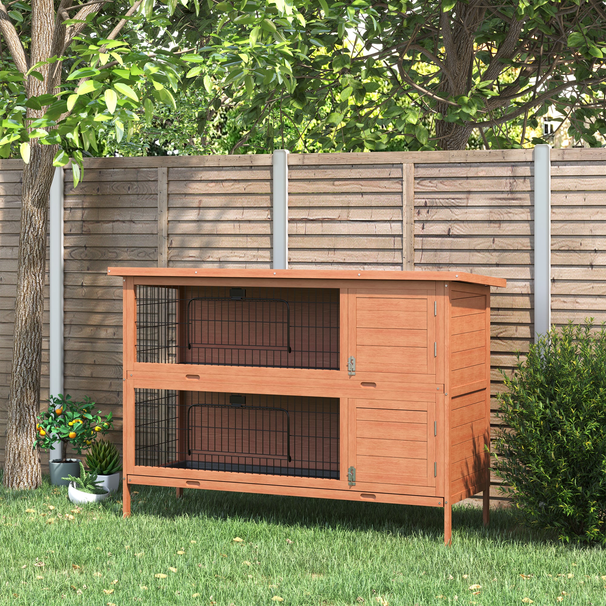 Small Animal Hutch Small Animal Cage Small Animal House Guinea Pig Hutch Double-storey Fir Wood Orange 136.4cm x 50cm x 93cm