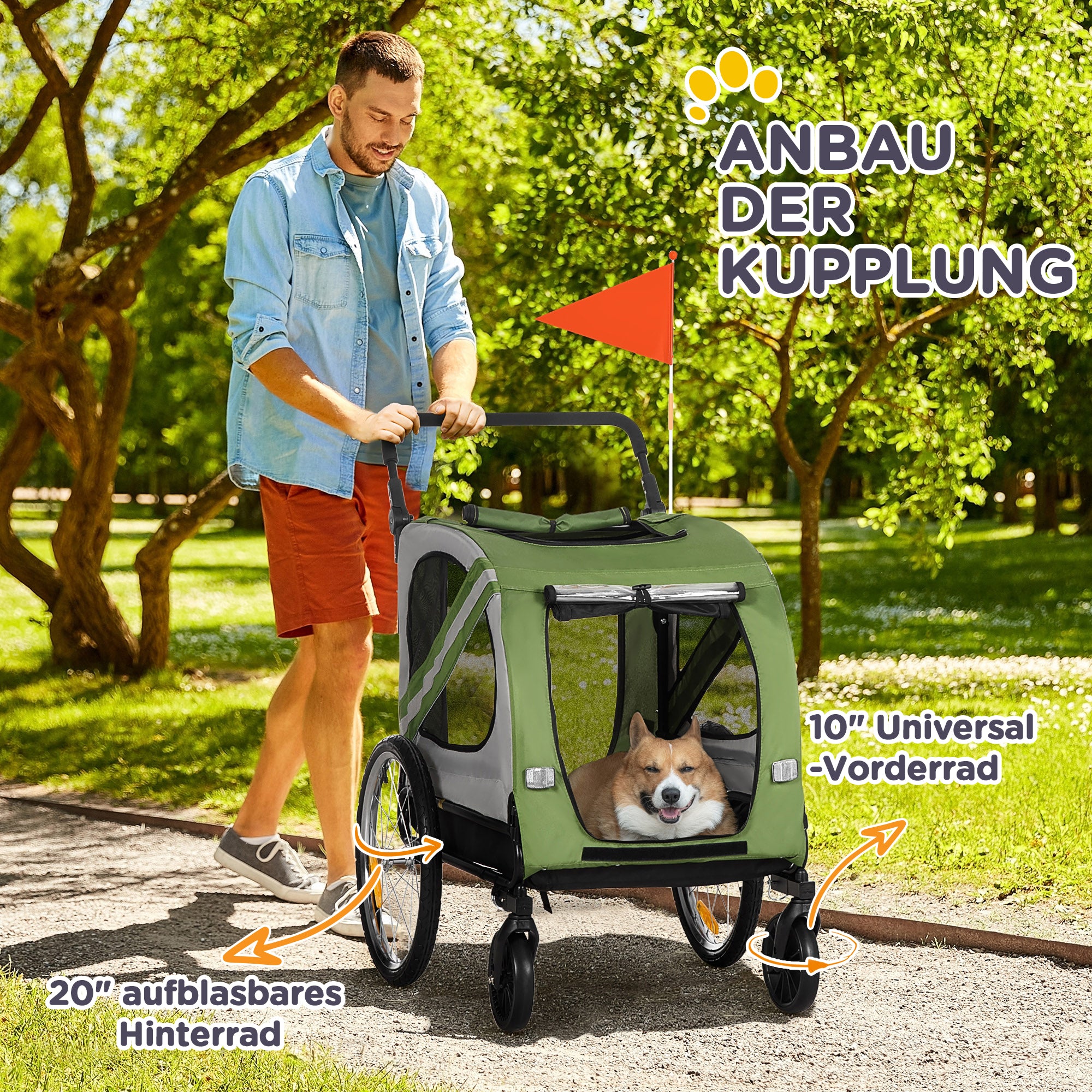 2-in-1 Dog Trailer & Dog Buggy, Dog Bike Trailer Bicycle Trailer, Dog Wagon with Reflectors for Medium-Sized Dogs up to 20 kg, Oxford Fabric, Green