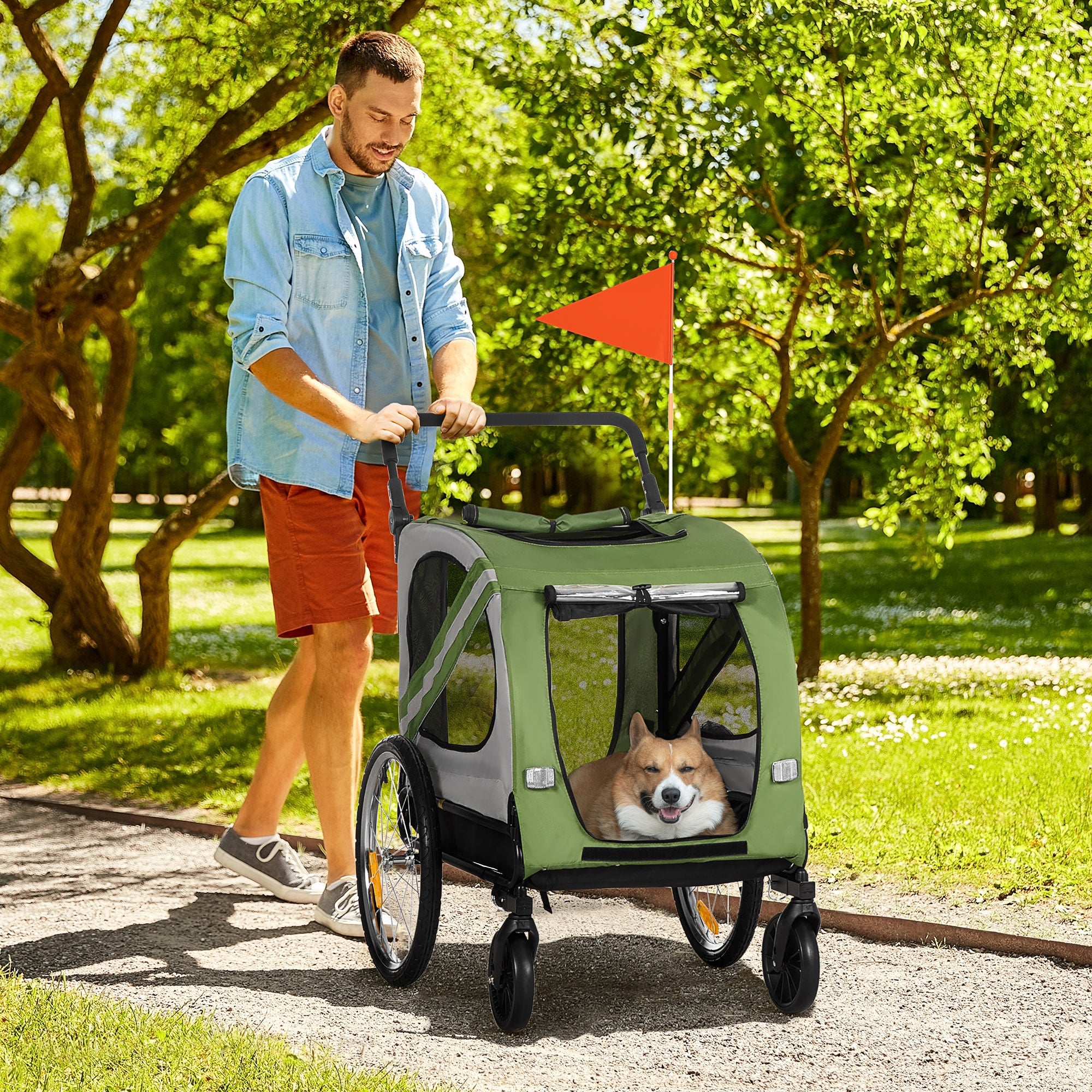 2-in-1 Dog Trailer & Dog Buggy, Dog Bike Trailer Bicycle Trailer, Dog Wagon with Reflectors for Medium-Sized Dogs up to 20 kg, Oxford Fabric, Green