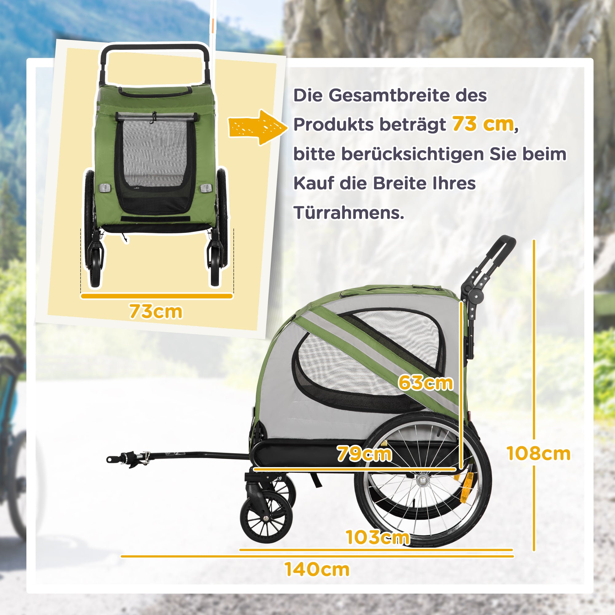 2-in-1 Dog Trailer & Dog Buggy, Dog Bike Trailer Bicycle Trailer, Dog Wagon with Reflectors for Medium-Sized Dogs up to 20 kg, Oxford Fabric, Green