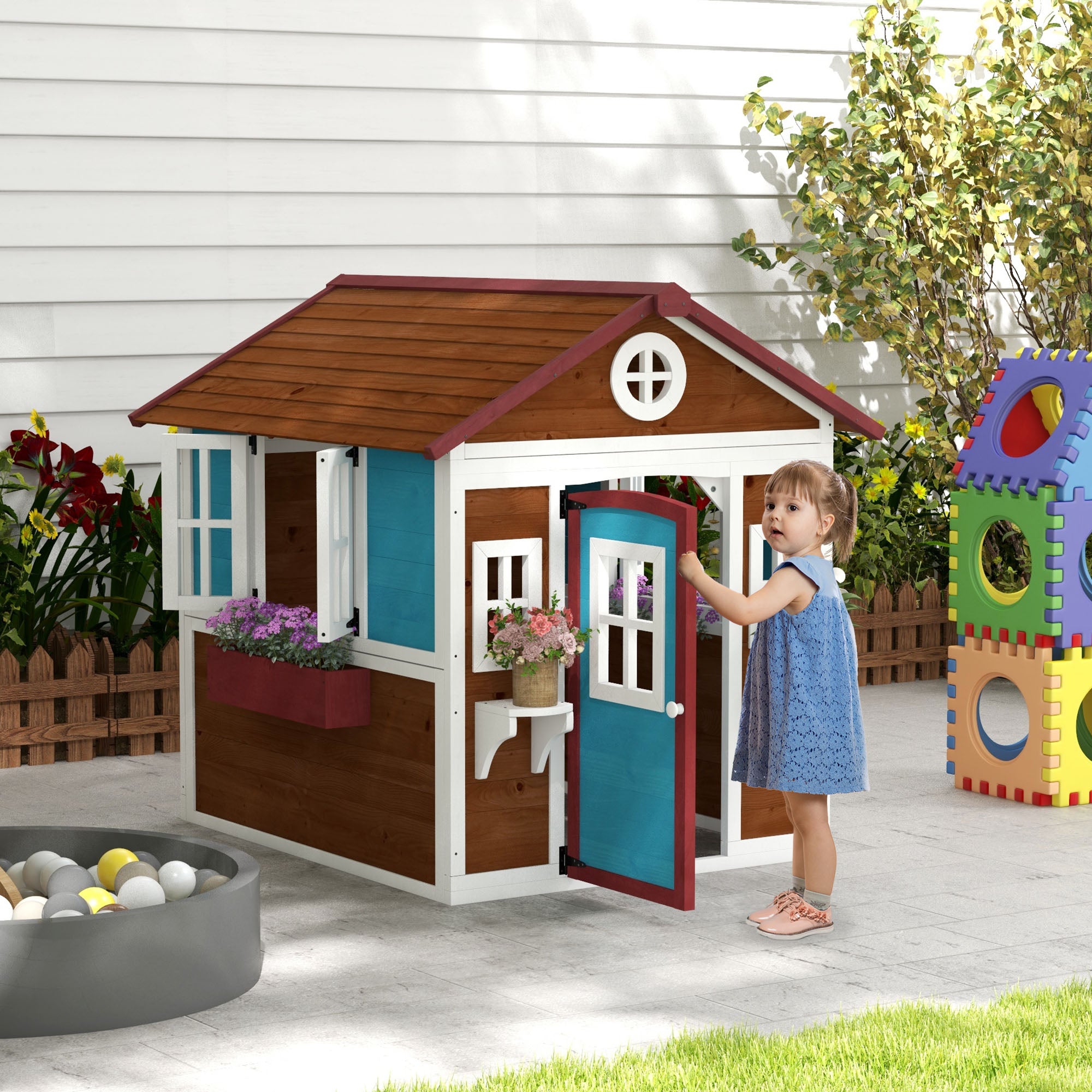 Outdoor Children's Cabin, Outdoor Children's House, with Door, Windows and Planters, Garden Cabin for Children 3-8 Years Old, 114 x 126.4 x 135 cm, Brown