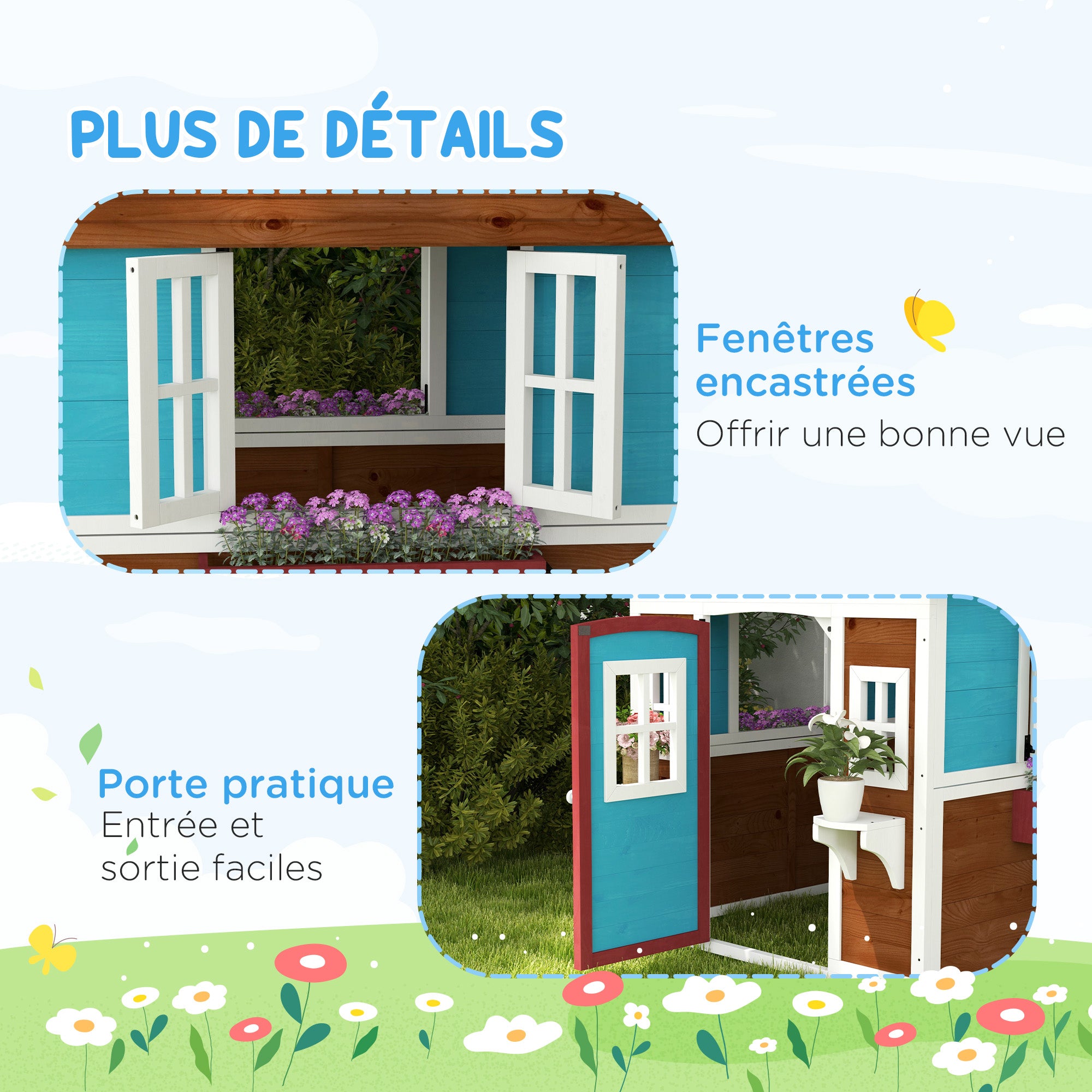Outdoor Children's Cabin, Outdoor Children's House, with Door, Windows and Planters, Garden Cabin for Children 3-8 Years Old, 114 x 126.4 x 135 cm, Brown