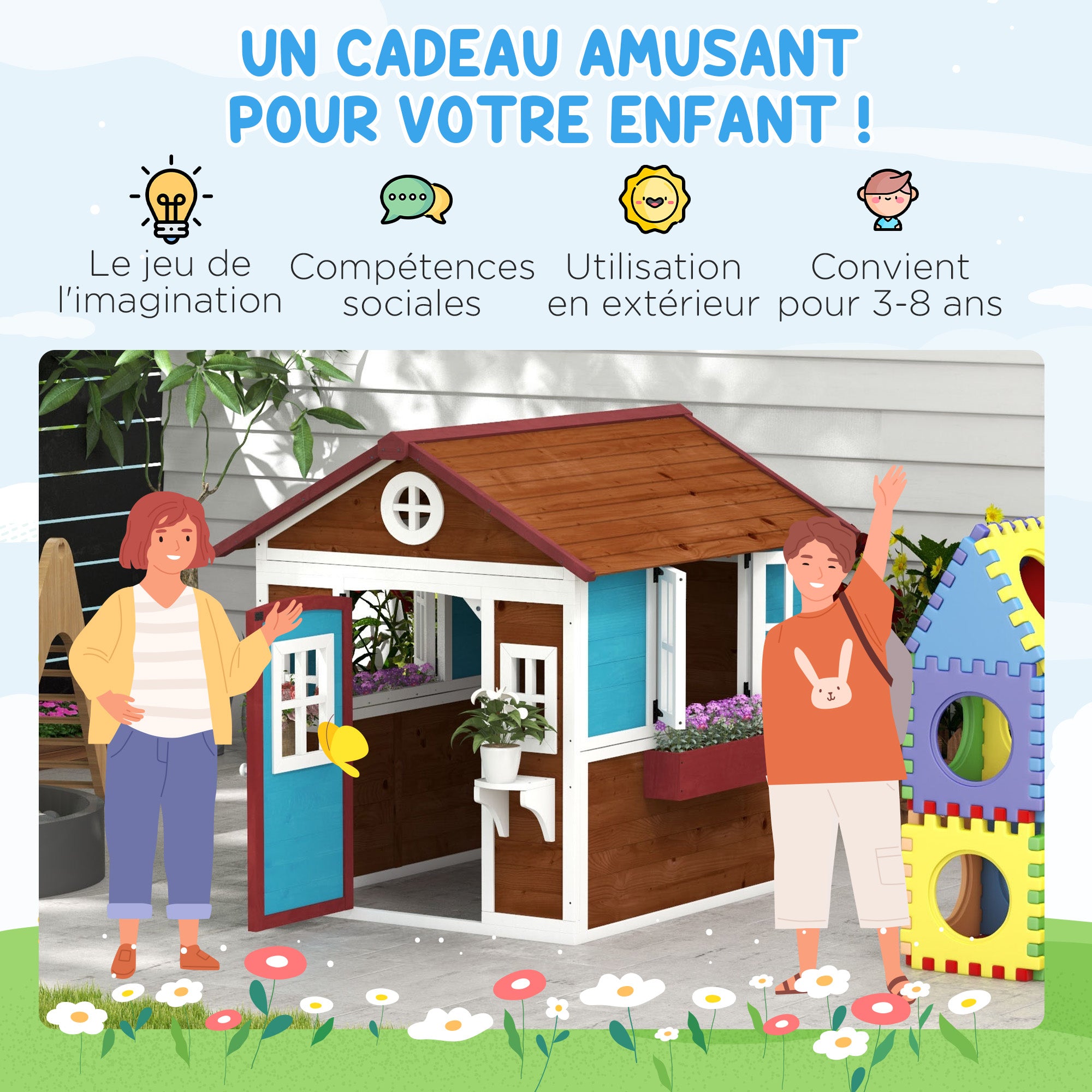 Outdoor Children's Cabin, Outdoor Children's House, with Door, Windows and Planters, Garden Cabin for Children 3-8 Years Old, 114 x 126.4 x 135 cm, Brown
