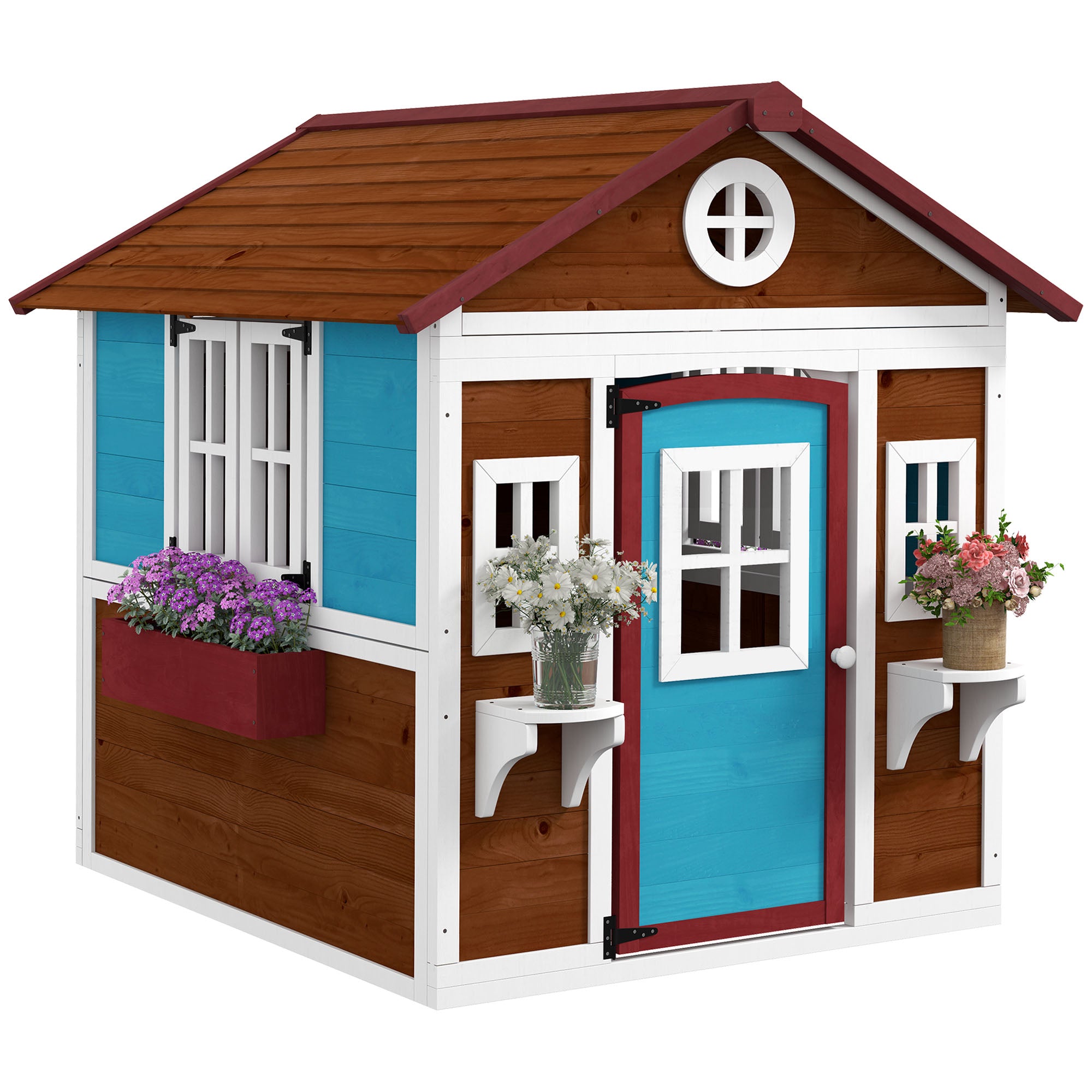 Outdoor Children's Cabin, Outdoor Children's House, with Door, Windows and Planters, Garden Cabin for Children 3-8 Years Old, 114 x 126.4 x 135 cm, Brown