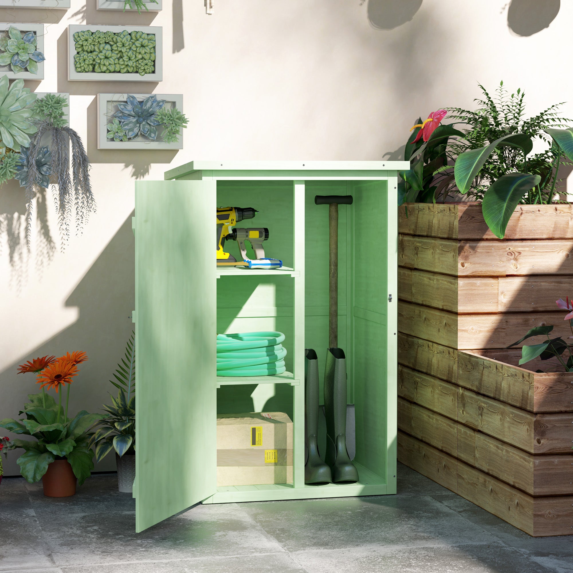 Wooden Garden Shed 75 x 56 x 115 cm (29.5 x 22.0 x 45.3 in) Outdoor Storage Cabinet for Tools with 3 Interior Shelves, Lockable Door and Asphalt Roof - Green
