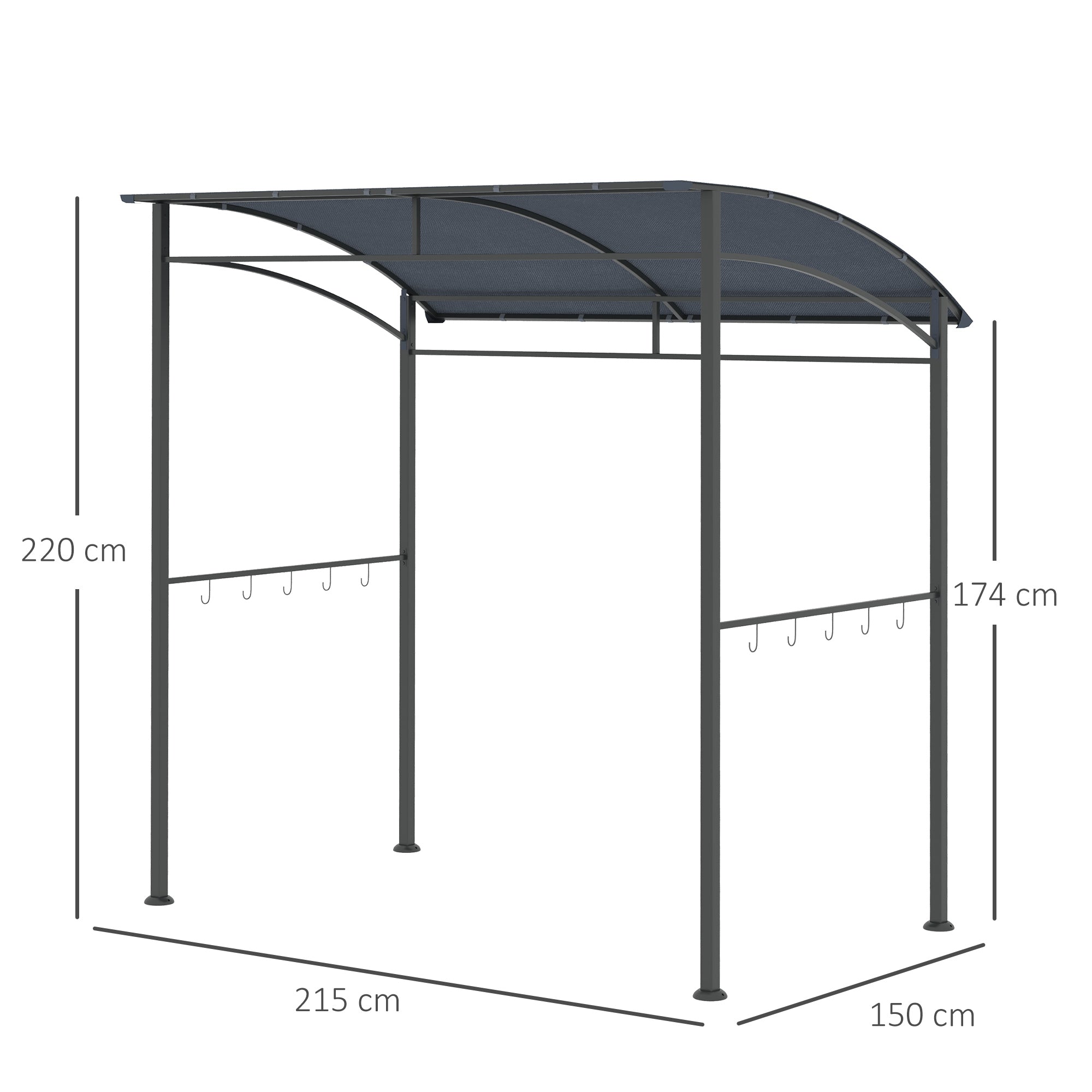 Grill Pavilion 215 x 150 x 220 cm Water-Repellent Garden Pavilion with Curved Roof, Garden Arbour with Hooks, BBQ Pavilion, Garden Tent Grill Tent Party Tent for Garden Party Picnic BBQ, Gray
