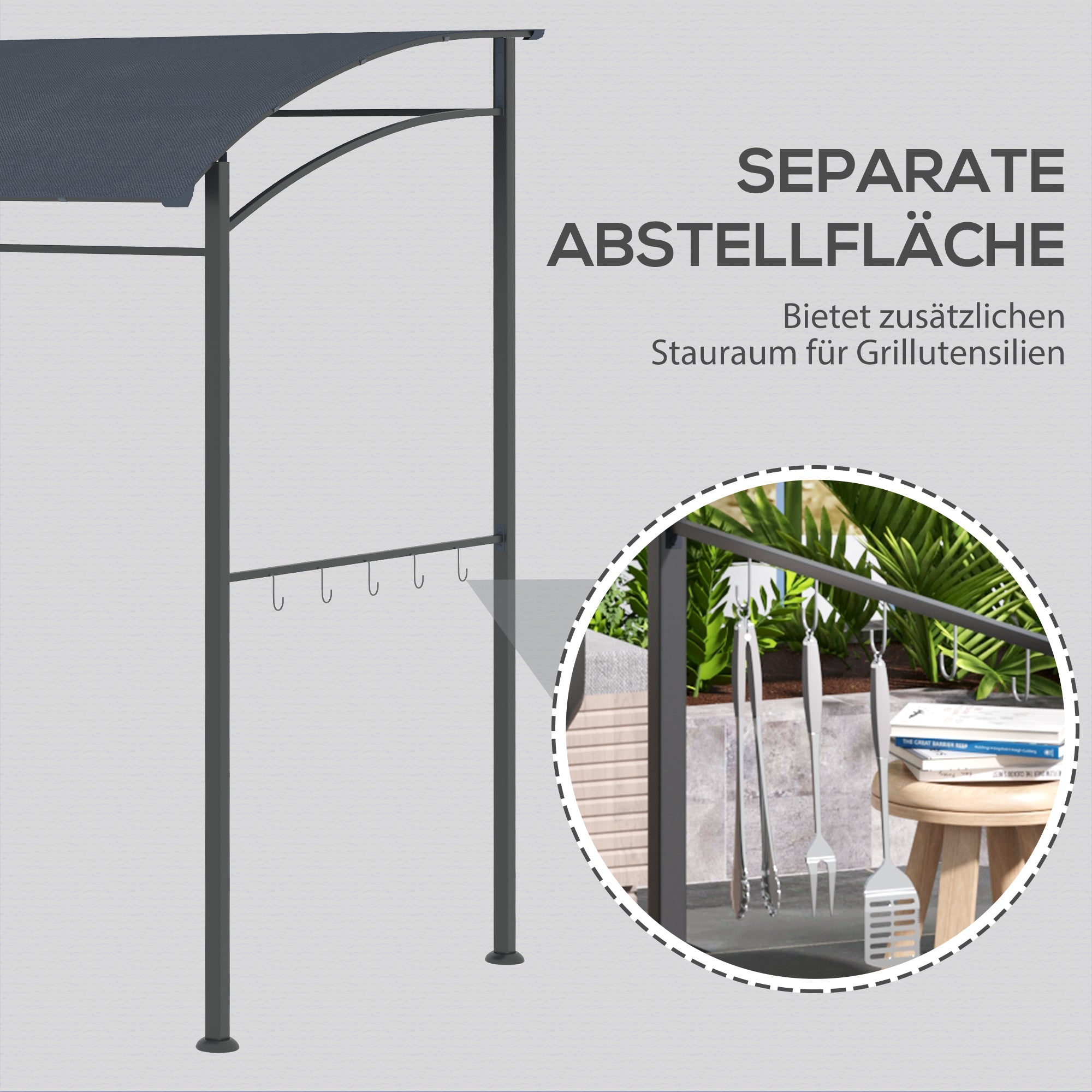 Grill Pavilion 215 x 150 x 220 cm Water-Repellent Garden Pavilion with Curved Roof, Garden Arbour with Hooks, BBQ Pavilion, Garden Tent Grill Tent Party Tent for Garden Party Picnic BBQ, Gray
