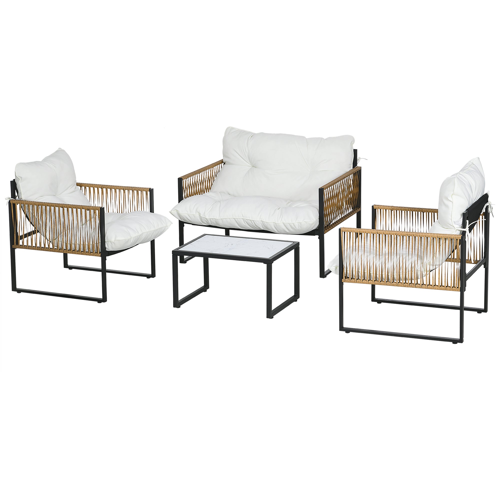 Outdoor Garden 4-Piece Patio Furniture Set 2-Seater Sofa 2 Armchairs and 1 Coffee Table Tempered Glass Top 3 Cushions Steel and Resin Wicker - Cream
