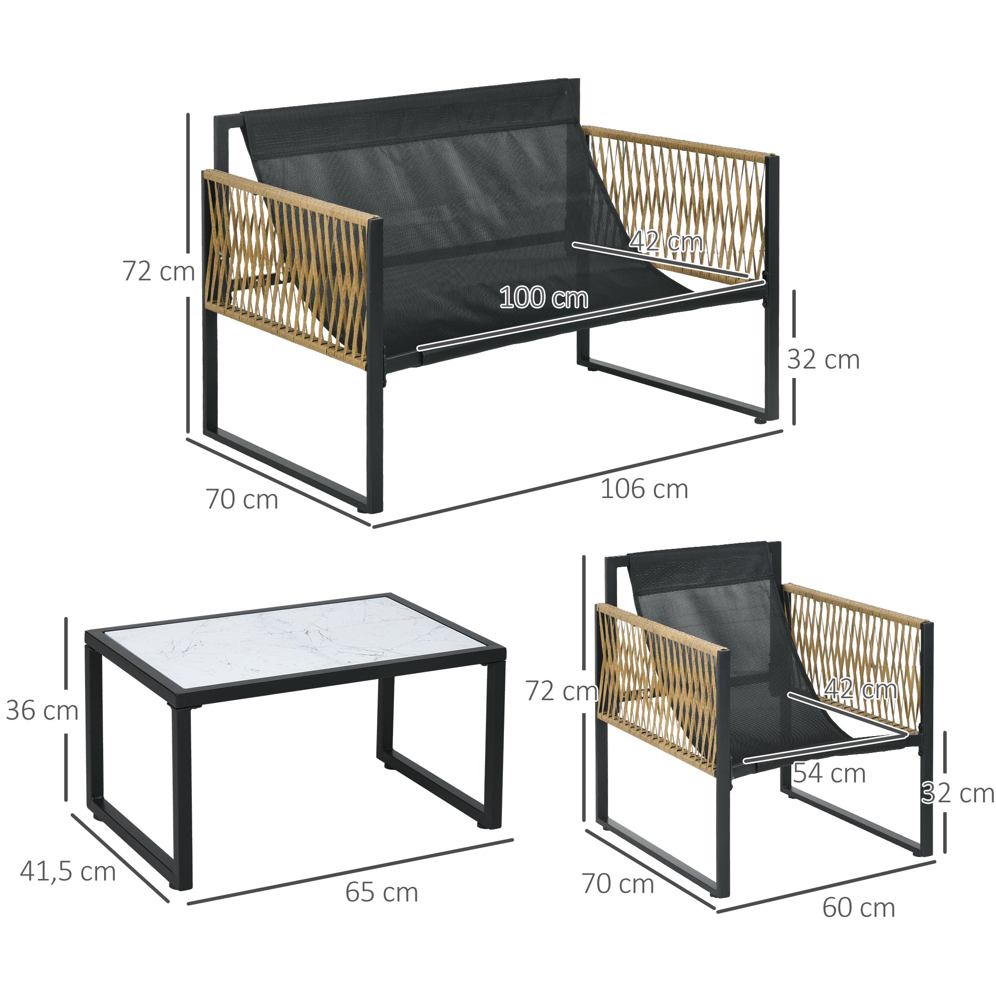 Outdoor Garden 4-Piece Patio Furniture Set 2-Seater Sofa 2 Armchairs and 1 Coffee Table Tempered Glass Top 3 Cushions Steel and Resin Wicker - Cream