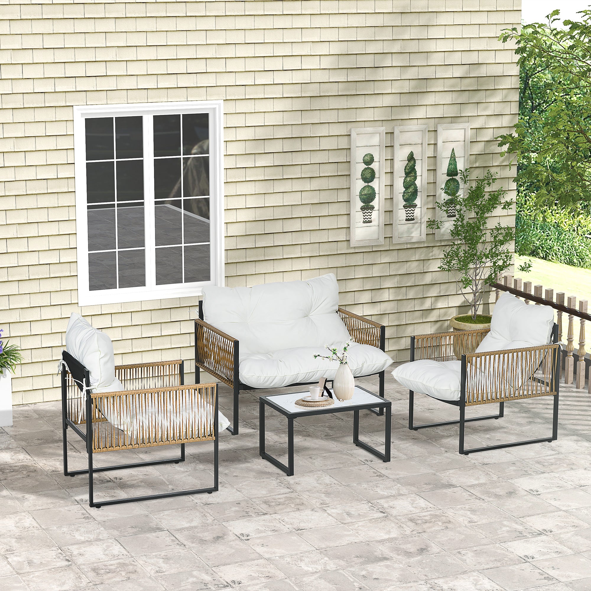 Outdoor Garden 4-Piece Patio Furniture Set 2-Seater Sofa 2 Armchairs and 1 Coffee Table Tempered Glass Top 3 Cushions Steel and Resin Wicker - Cream