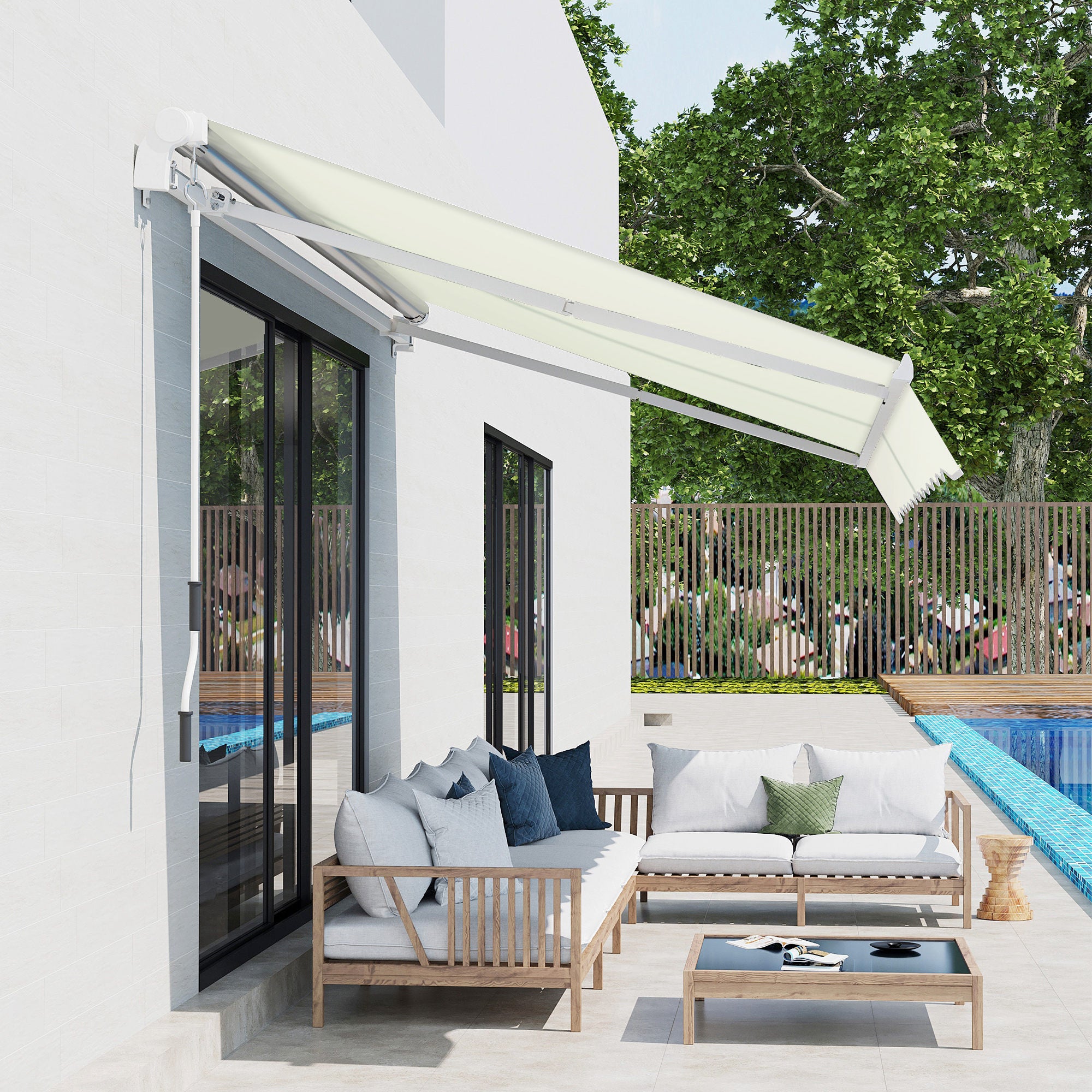 Manual Retractable Awning 295 x 245 cm Outdoor Terrace Awning with Crank, Adjustable Angle 45°-85°, Aluminum and Polyester 280 g/m², Patio Awning Cream