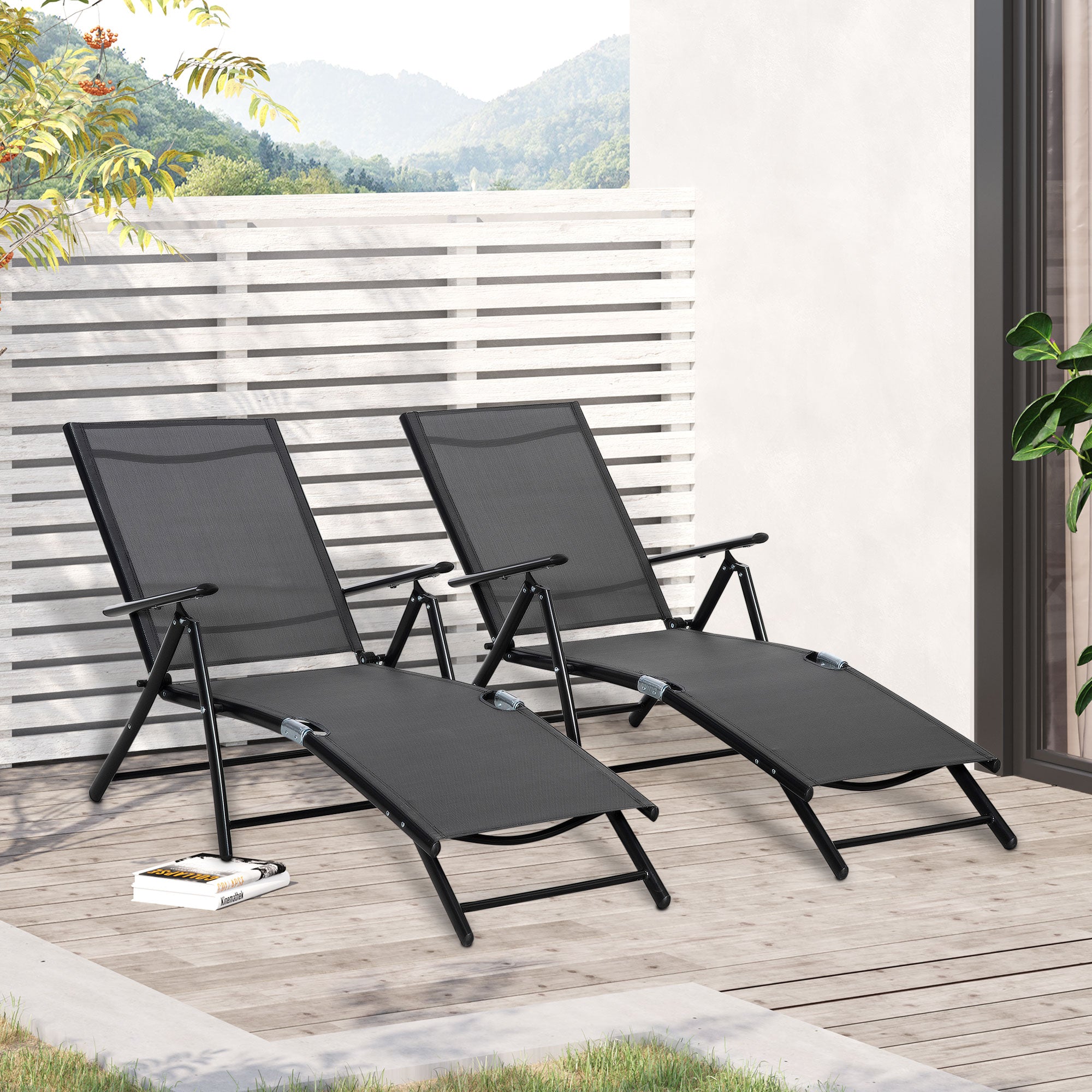 Set of 2 Foldable Garden Sun Loungers with 7-Position Adjustable Backrest, Aluminum Beach Sun Lounger with Breathable Mesh, Black