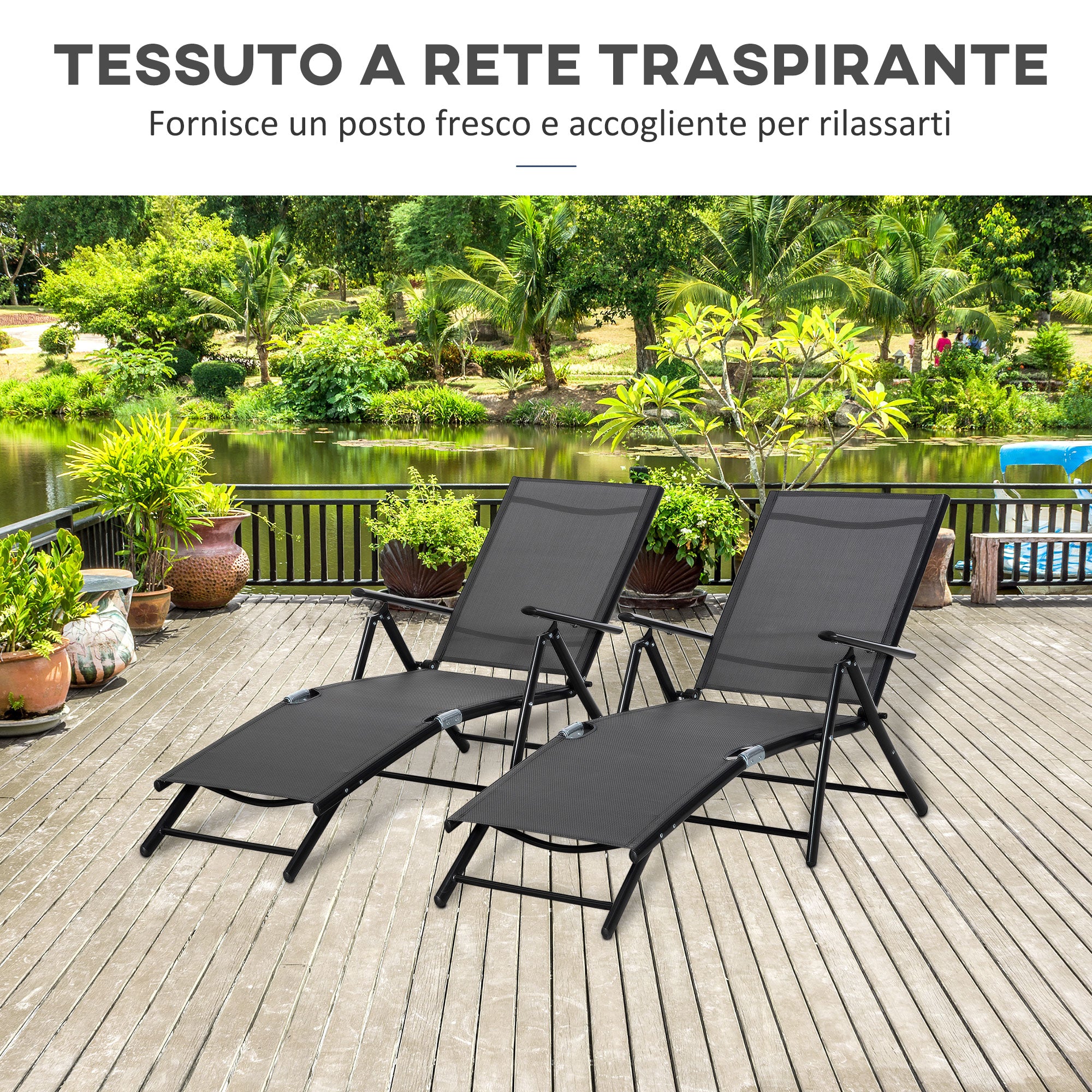 Set of 2 Foldable Garden Sun Loungers with 7-Position Adjustable Backrest, Aluminum Beach Sun Lounger with Breathable Mesh, Black