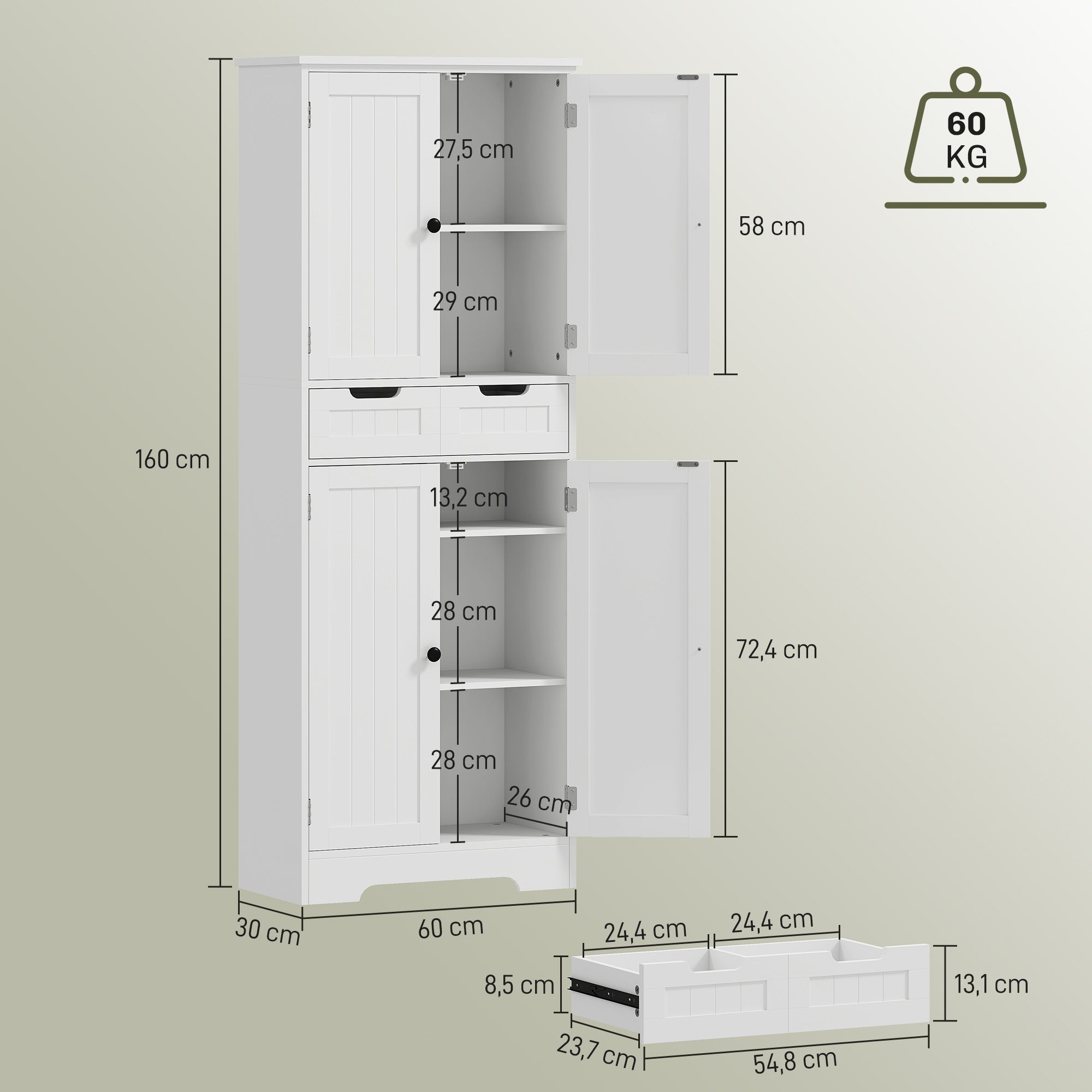 Bathroom Cabinet, Storage Cabinet with Drawer, Doors Cupboard, Adjustable Shelf, Bathroom, Kitchen, Living Room, 60 x 30 x 160 cm, White