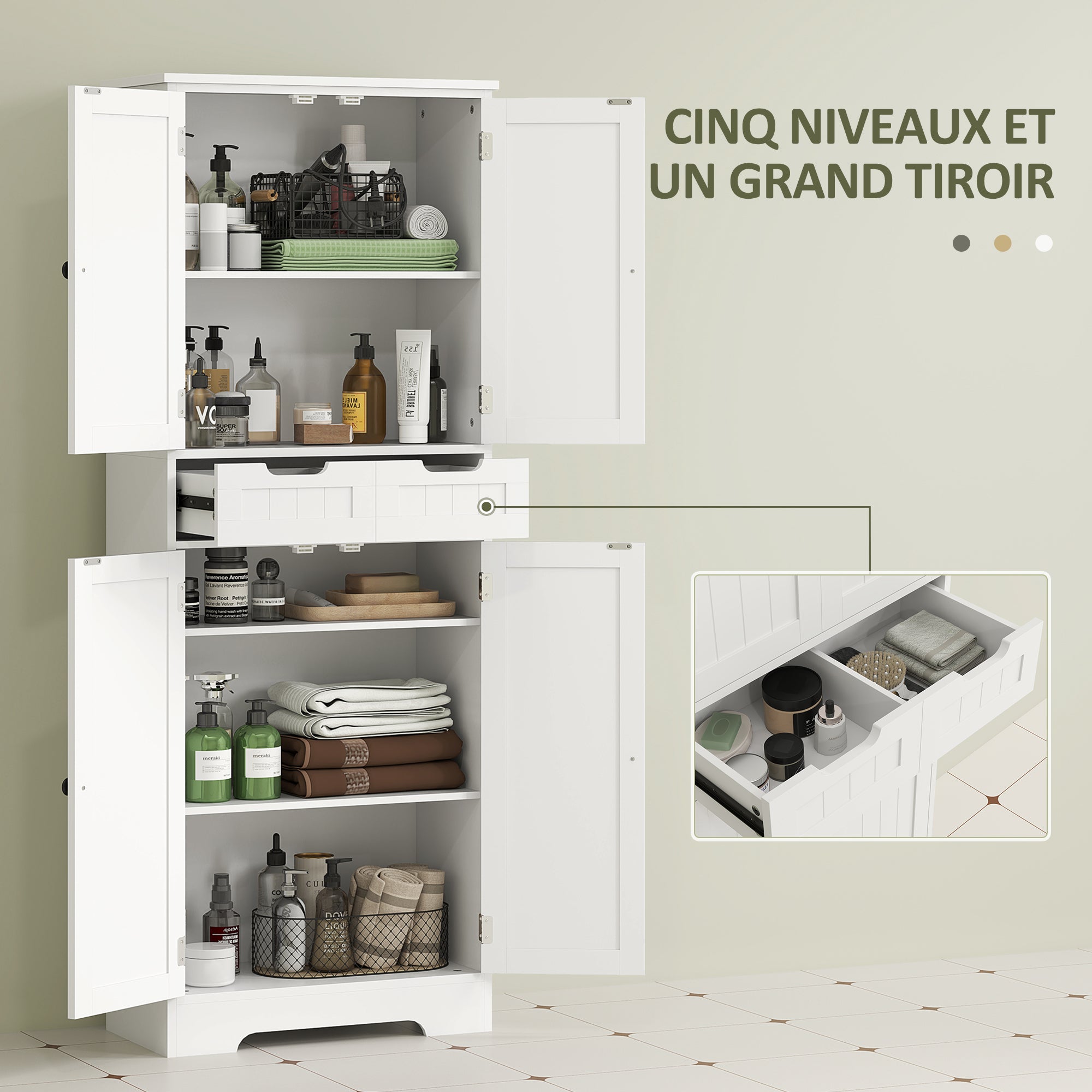 Bathroom Cabinet, Storage Cabinet with Drawer, Doors Cupboard, Adjustable Shelf, Bathroom, Kitchen, Living Room, 60 x 30 x 160 cm, White