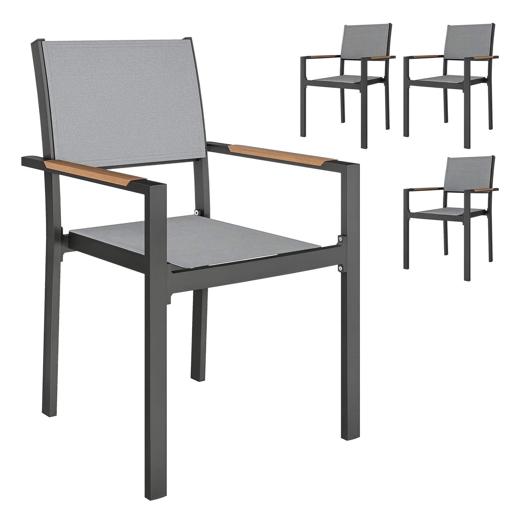 Set of 4 garden chairs with wood-effect armrests, aluminum frame dining chairs outdoor breathable fabric for balcony, terrace, light gray