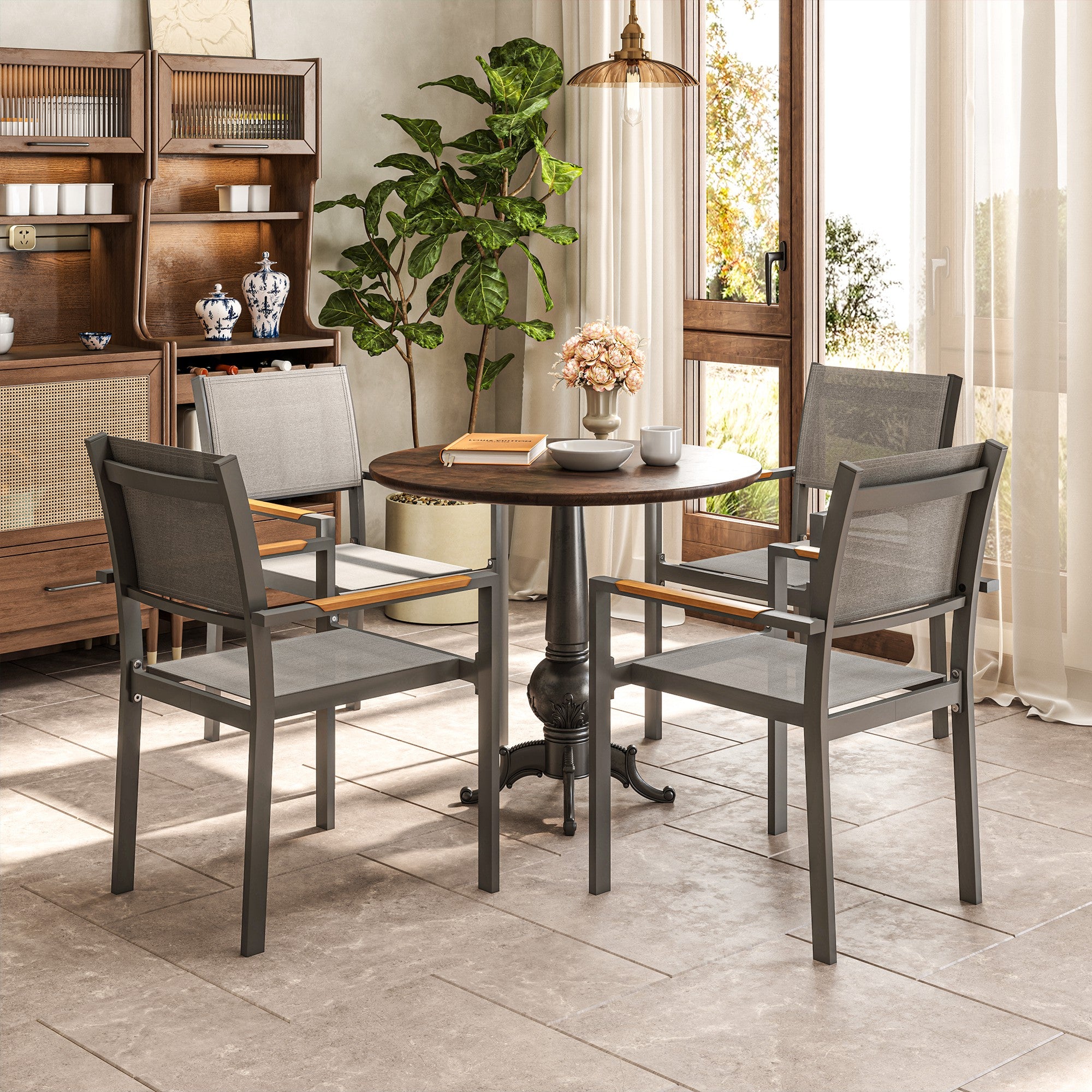 Set of 4 garden chairs with wood-effect armrests, aluminum frame dining chairs outdoor breathable fabric for balcony, terrace, light gray