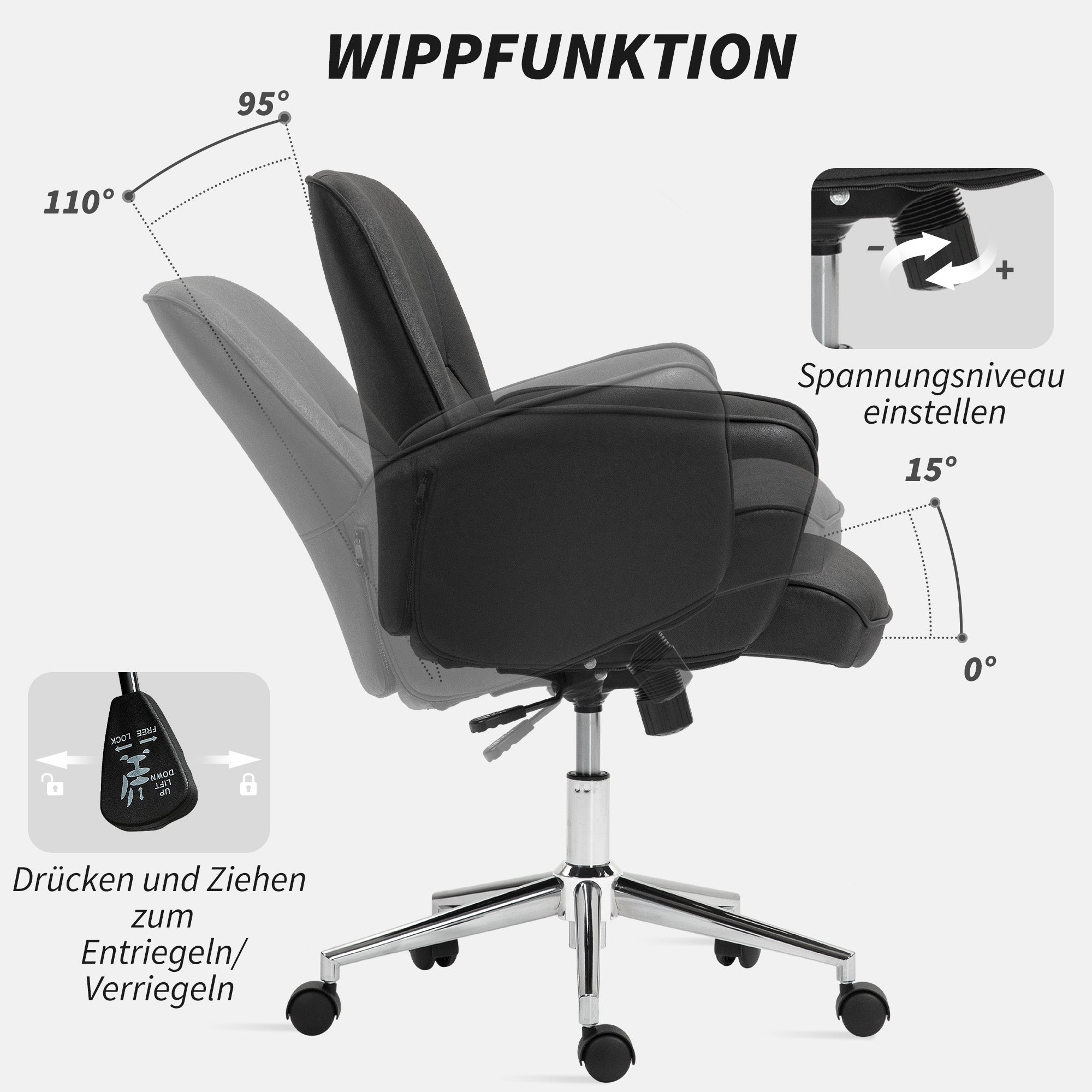 Office Chair with Tilt Function Desk Chair Adjustable Swivel Chair Ergonomic Work Chair Modern Load Capacity up to 120 kg Microfiber Black 67 x 69 x 92-102 cm