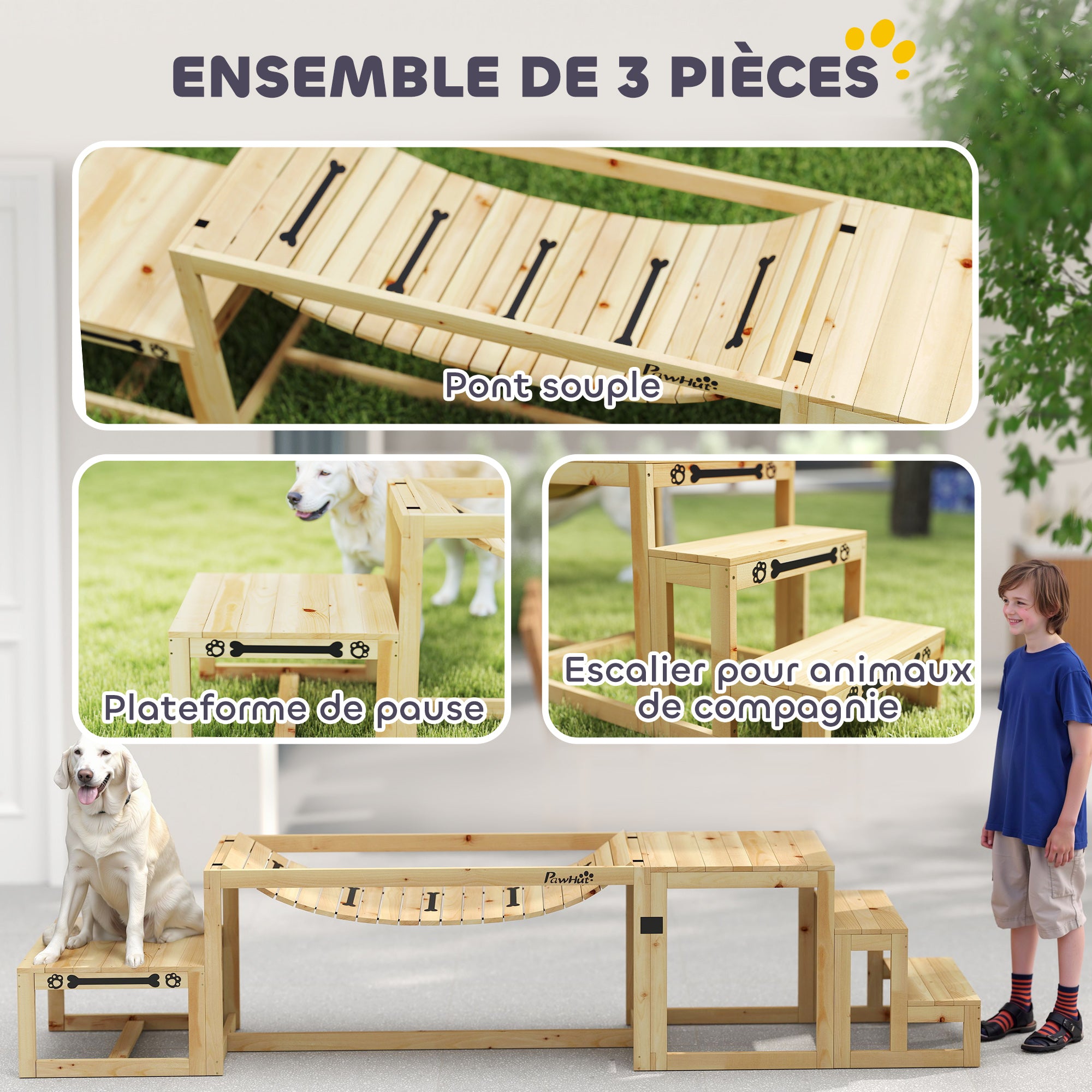 Dog Agility Training Equipment, 3 Piece Dog Agility Equipment Kit, Soft Bridge, Rest Platform, Stairs Included, Solid Wood, Natural Wood
