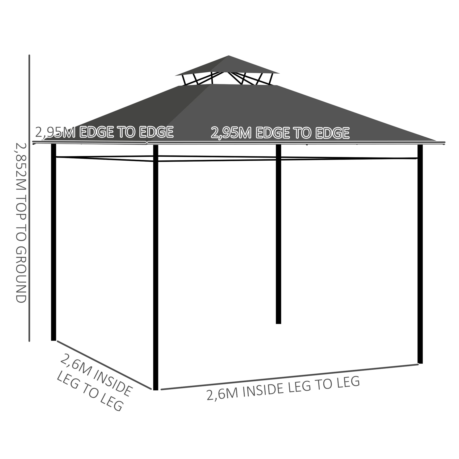 Pavilion approx. 3 x 3 m, Garden Tent with Side Wall, Party Tent with Double Roof, Weatherproof Event Tent, Garden Gazebo, for Balcony, Terrace, Metal, Dark Gray