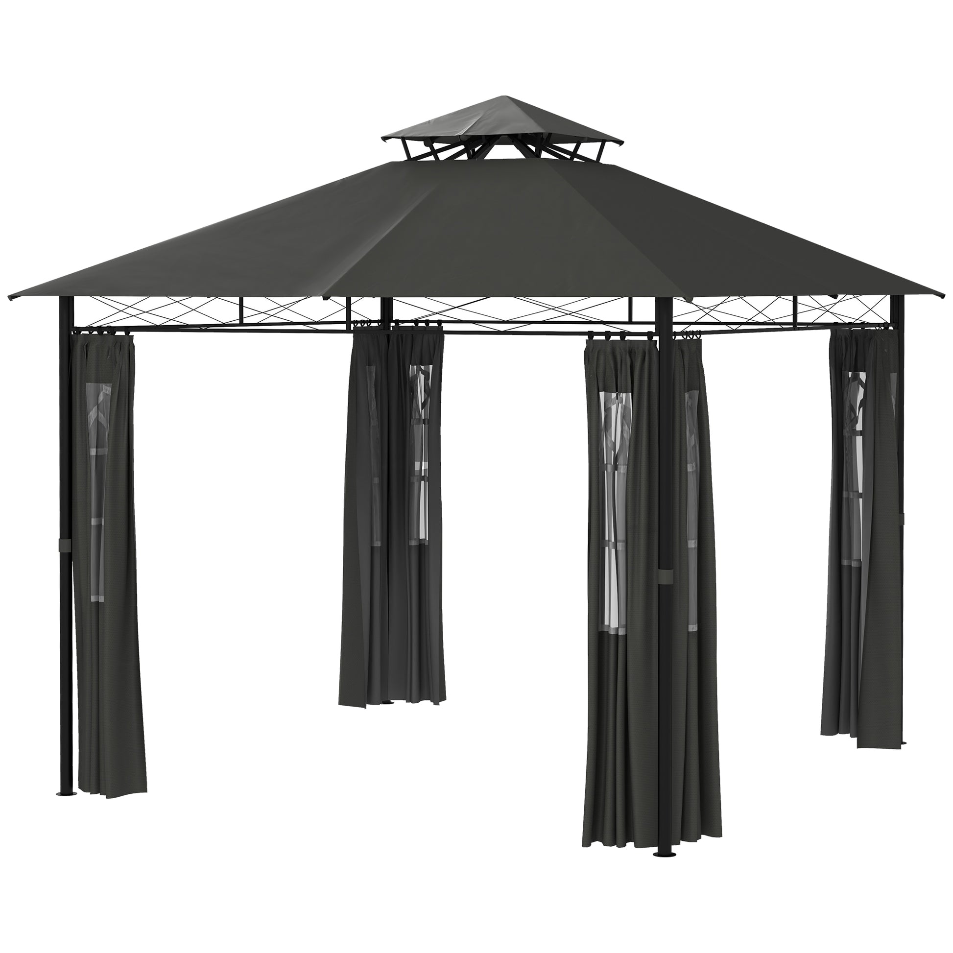 Pavilion approx. 3 x 3 m, Garden Tent with Side Wall, Party Tent with Double Roof, Weatherproof Event Tent, Garden Gazebo, for Balcony, Terrace, Metal, Dark Gray