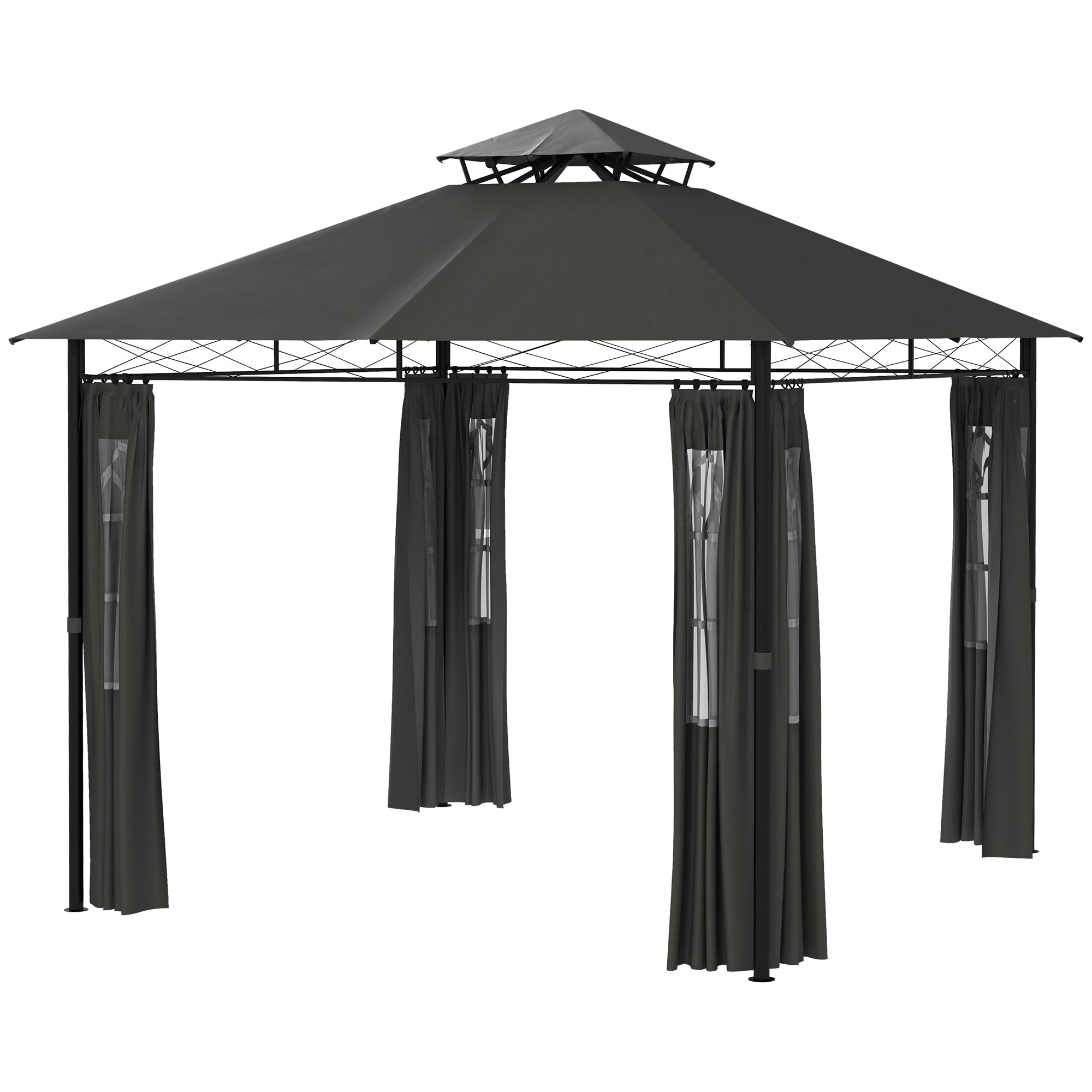 Pavilion approx. 3 x 3 m, Garden Tent with Side Wall, Party Tent with Double Roof, Weatherproof Event Tent, Garden Gazebo, for Balcony, Terrace, Metal, Dark Gray