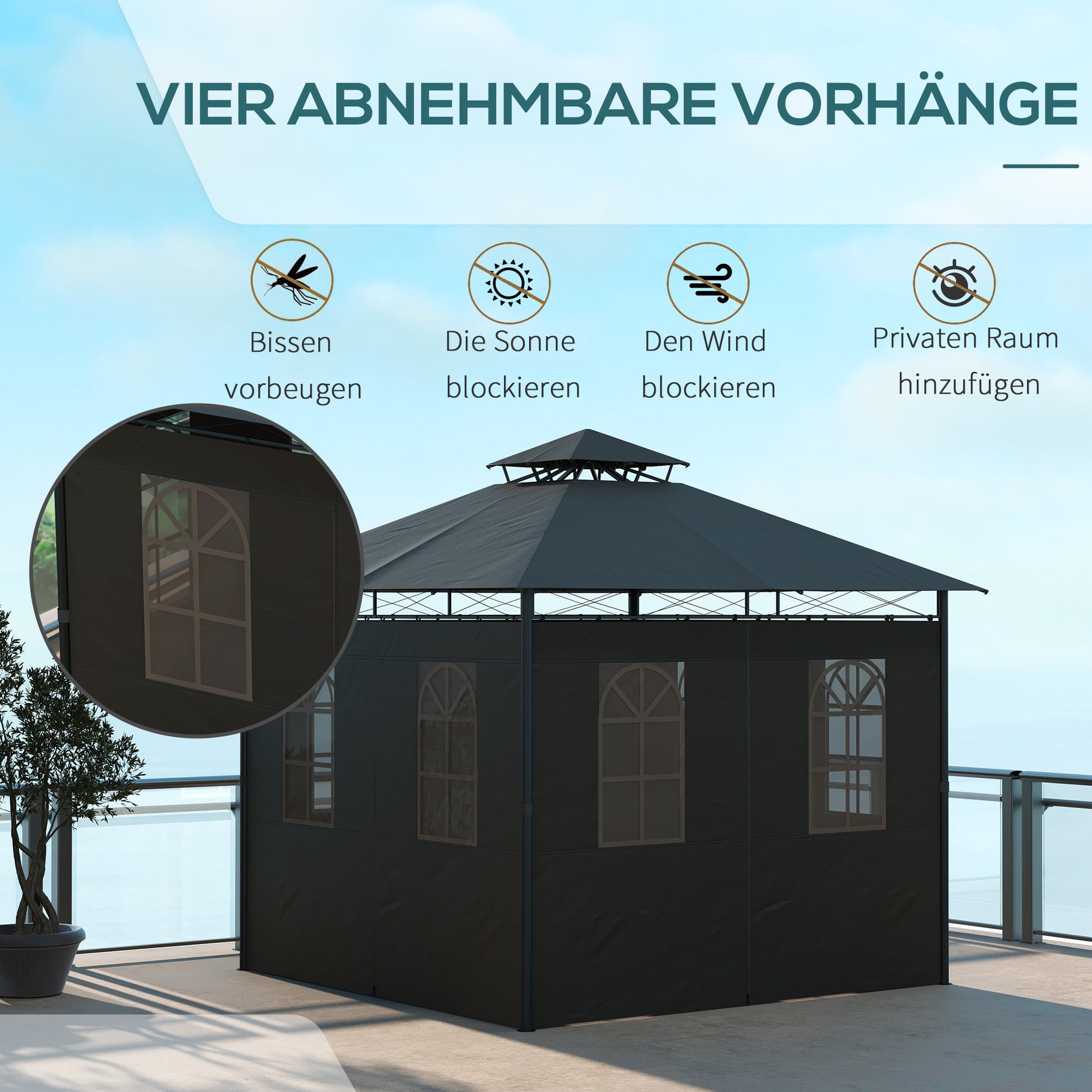 Pavilion approx. 3 x 3 m, Garden Tent with Side Wall, Party Tent with Double Roof, Weatherproof Event Tent, Garden Gazebo, for Balcony, Terrace, Metal, Dark Gray