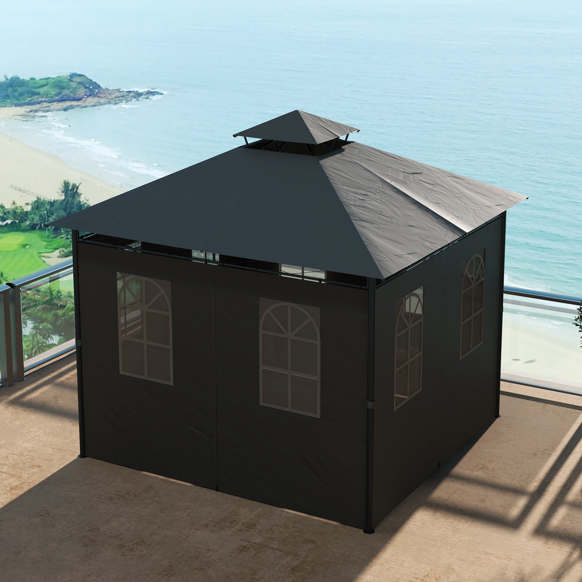 Pavilion approx. 3 x 3 m, Garden Tent with Side Wall, Party Tent with Double Roof, Weatherproof Event Tent, Garden Gazebo, for Balcony, Terrace, Metal, Dark Gray
