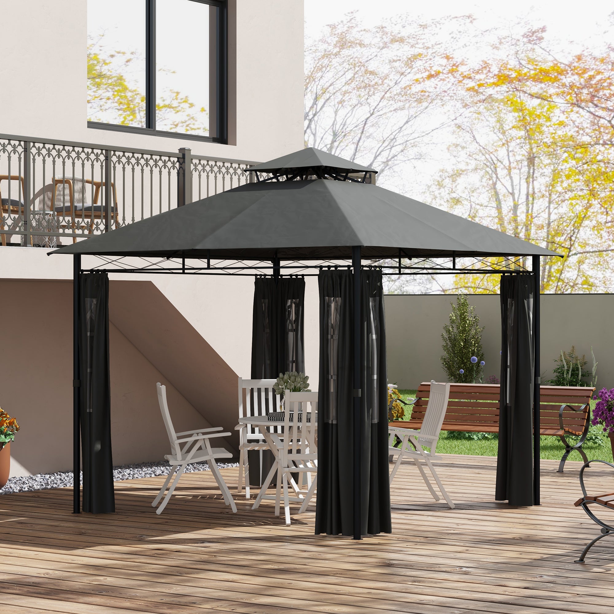 Pavilion approx. 3 x 3 m, Garden Tent with Side Wall, Party Tent with Double Roof, Weatherproof Event Tent, Garden Gazebo, for Balcony, Terrace, Metal, Dark Gray