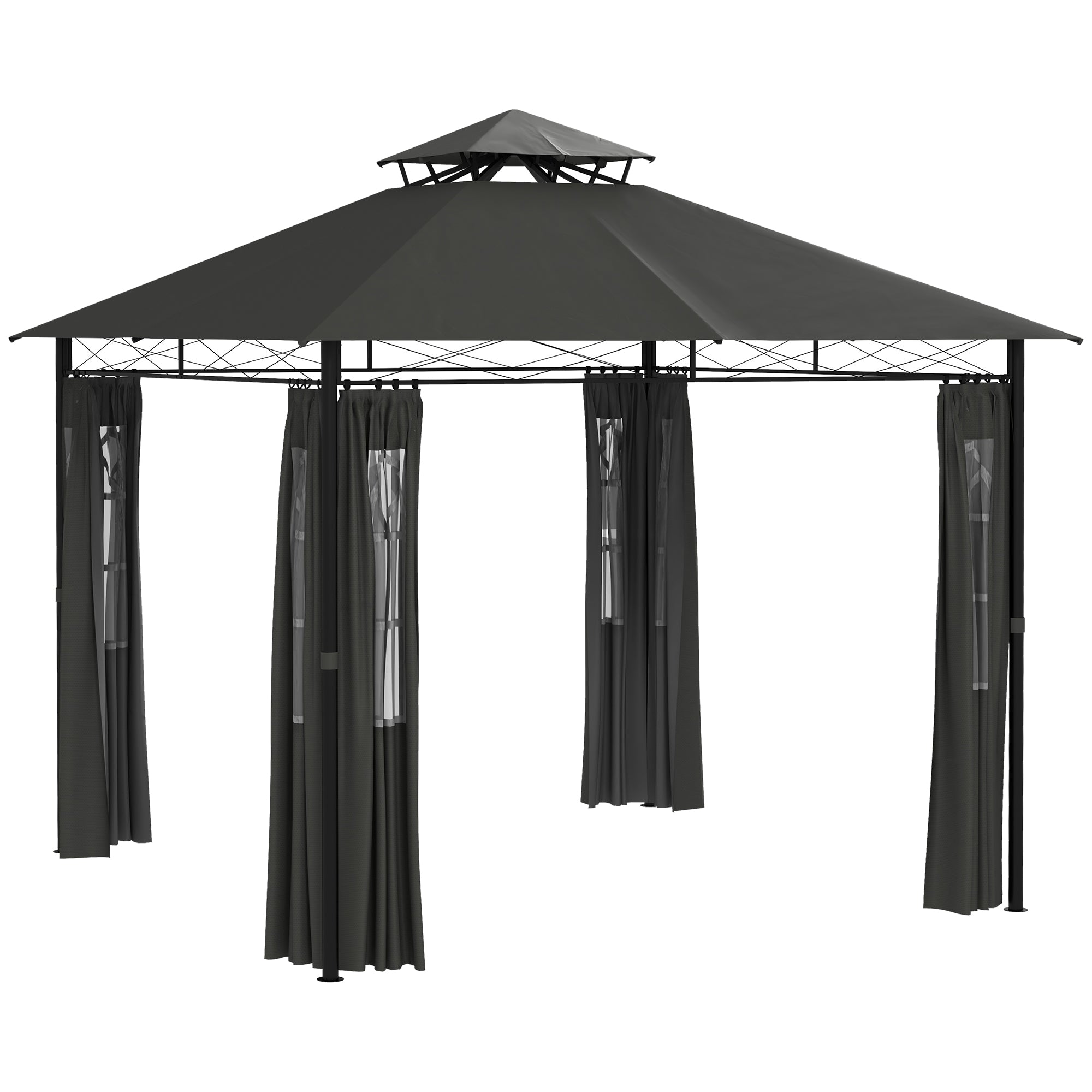 Pavilion approx. 3 x 3 m, Garden Tent with Side Wall, Party Tent with Double Roof, Weatherproof Event Tent, Garden Gazebo, for Balcony, Terrace, Metal, Dark Gray