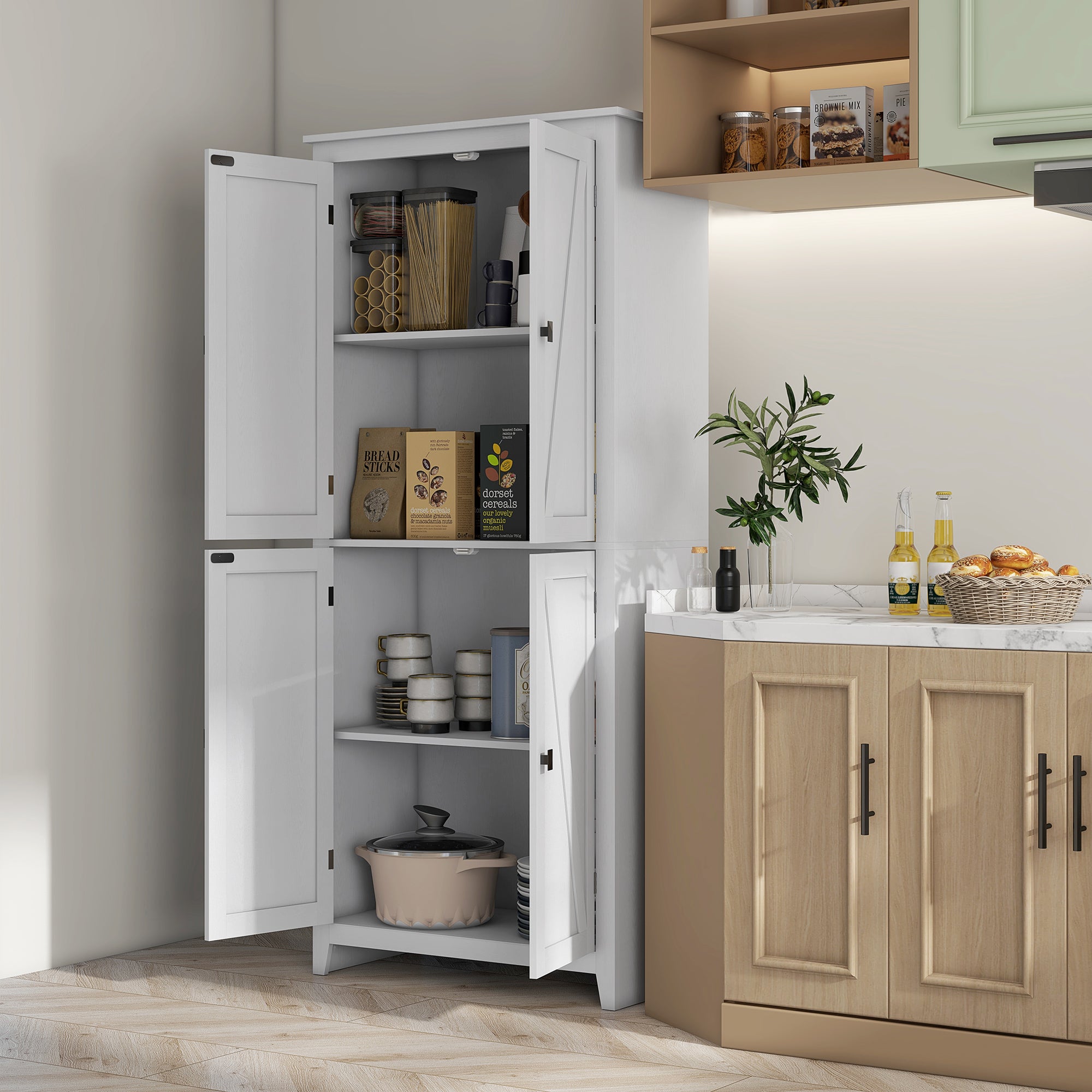 Modern Sideboard with 4 Doors, Adjustable Shelves, and Raised Base, Wooden Kitchen Cabinet, 80x40x182 cm, White