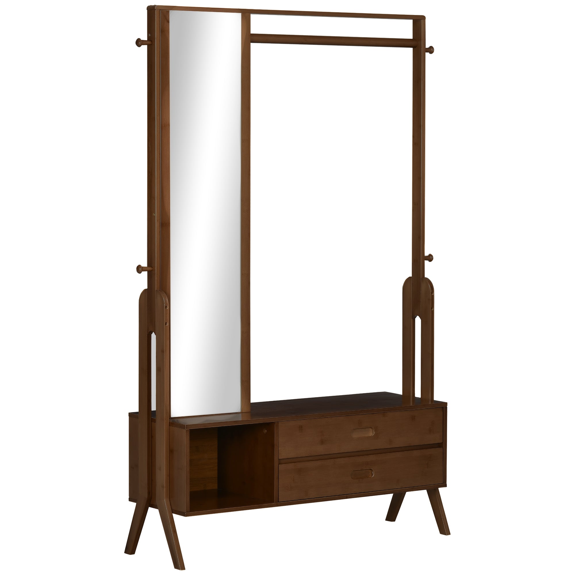 Bamboo Coat Rack with Bench Entryway Coat Rack with Mirror 2 Drawers 4 Hooks Bar and Storage Compartment for Bedroom Hallway 113x33x169.5 cm Brown