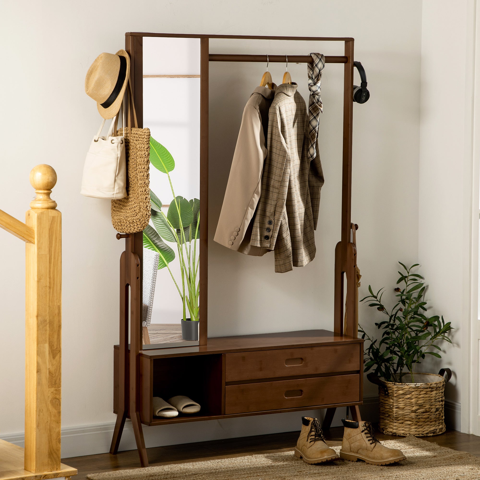 Bamboo Coat Rack with Bench Entryway Coat Rack with Mirror 2 Drawers 4 Hooks Bar and Storage Compartment for Bedroom Hallway 113x33x169.5 cm Brown
