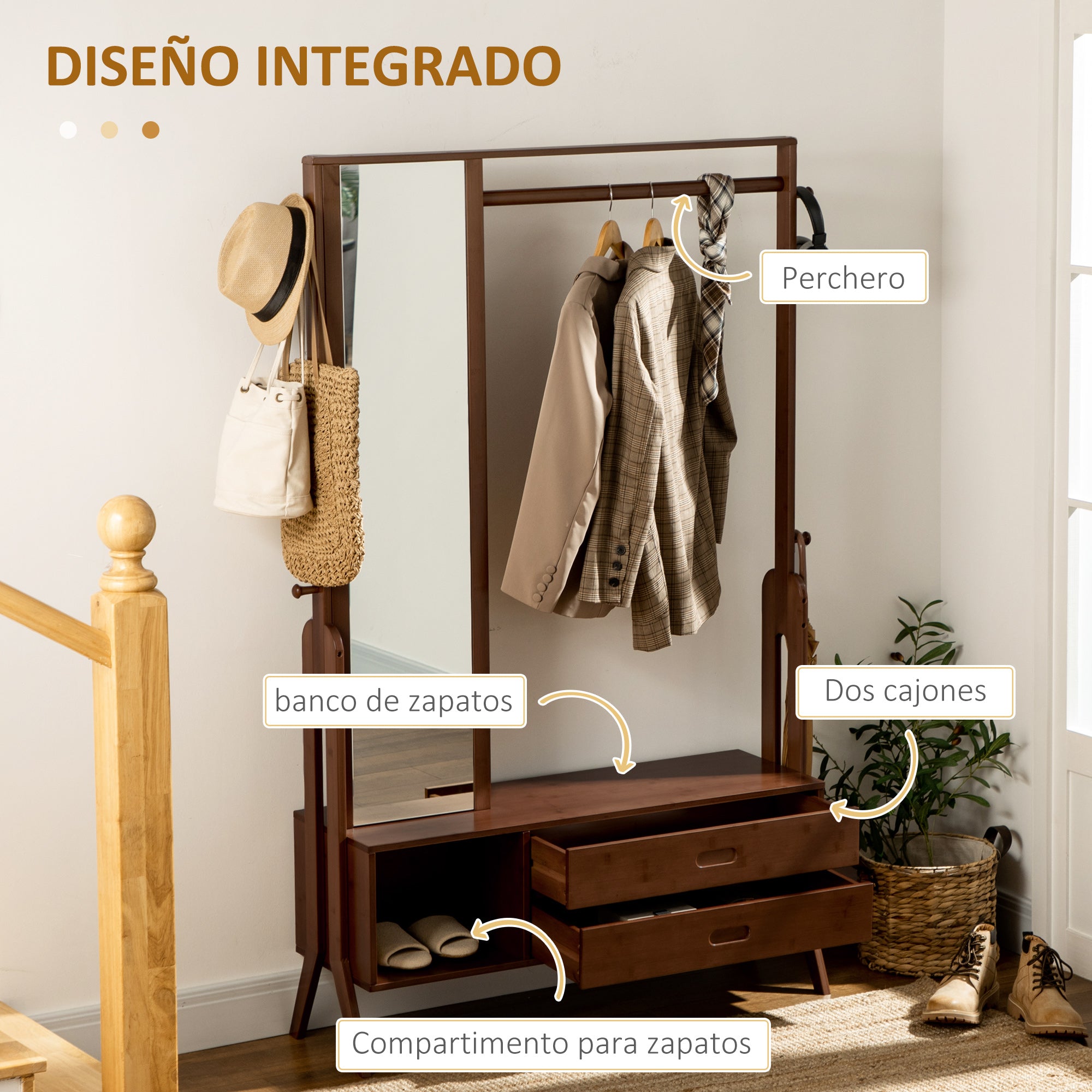 Bamboo Coat Rack with Bench Entryway Coat Rack with Mirror 2 Drawers 4 Hooks Bar and Storage Compartment for Bedroom Hallway 113x33x169.5 cm Brown